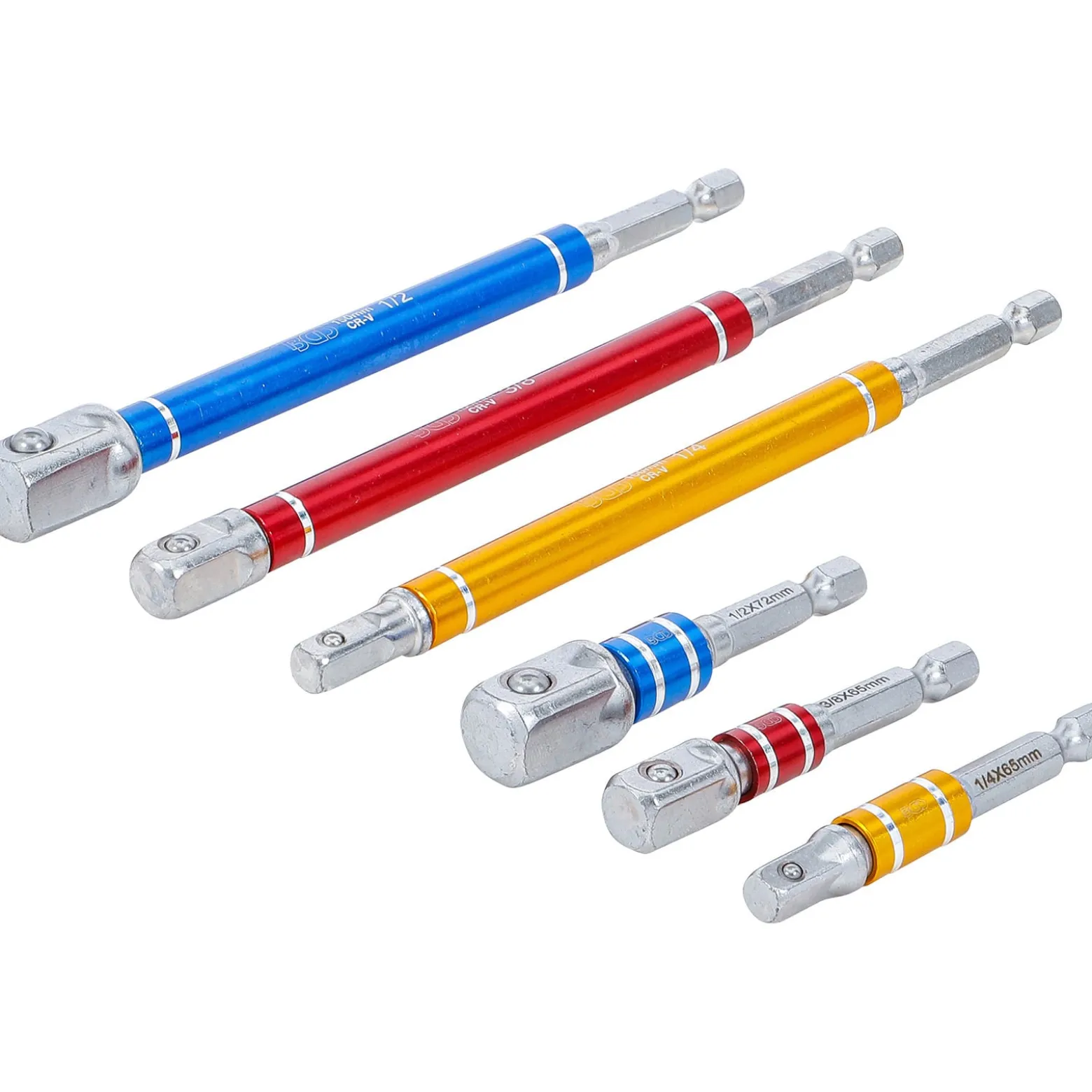 BGS Adapter-Satz für Bohrmaschinen farbig Antrieb Außensechskant 6,3 mm (1/4") Abtrieb Außenvierkant 6,3 mm (1/4") / 10 mm (3/8") / 12,5 mm (1/2") 75 - 150 mm 6tlg. - 74424