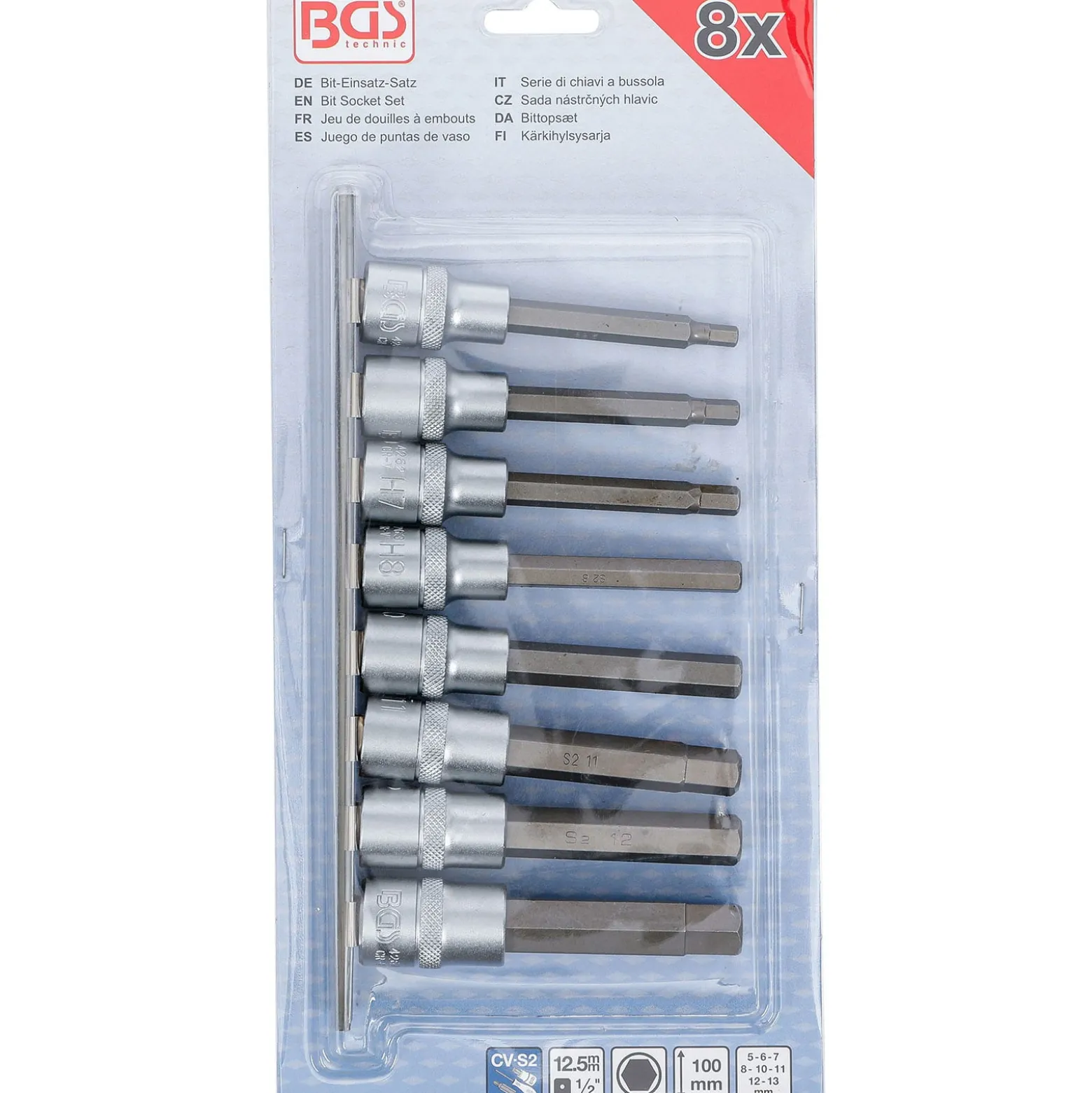 BGS Bit-Einsatz-Satz Antrieb Innenvierkant 12,5 mm (1/2") Innensechskant 5 - 13 mm 8tlg. - 5176