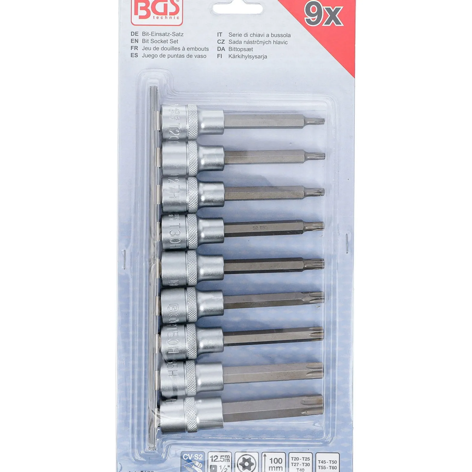 BGS Bit-Einsatz-Satz Antrieb Innenvierkant 12,5 mm (1/2") T-Profil (für Torx) mit Bohrung 9tlg. - 5178