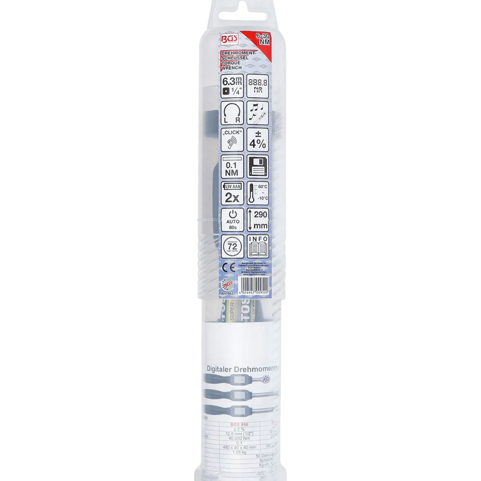 BGS Digitaler Drehmomentschlüssel Abtrieb Außenvierkant 6,3 mm (1/4") 6 - 30 Nm - 952