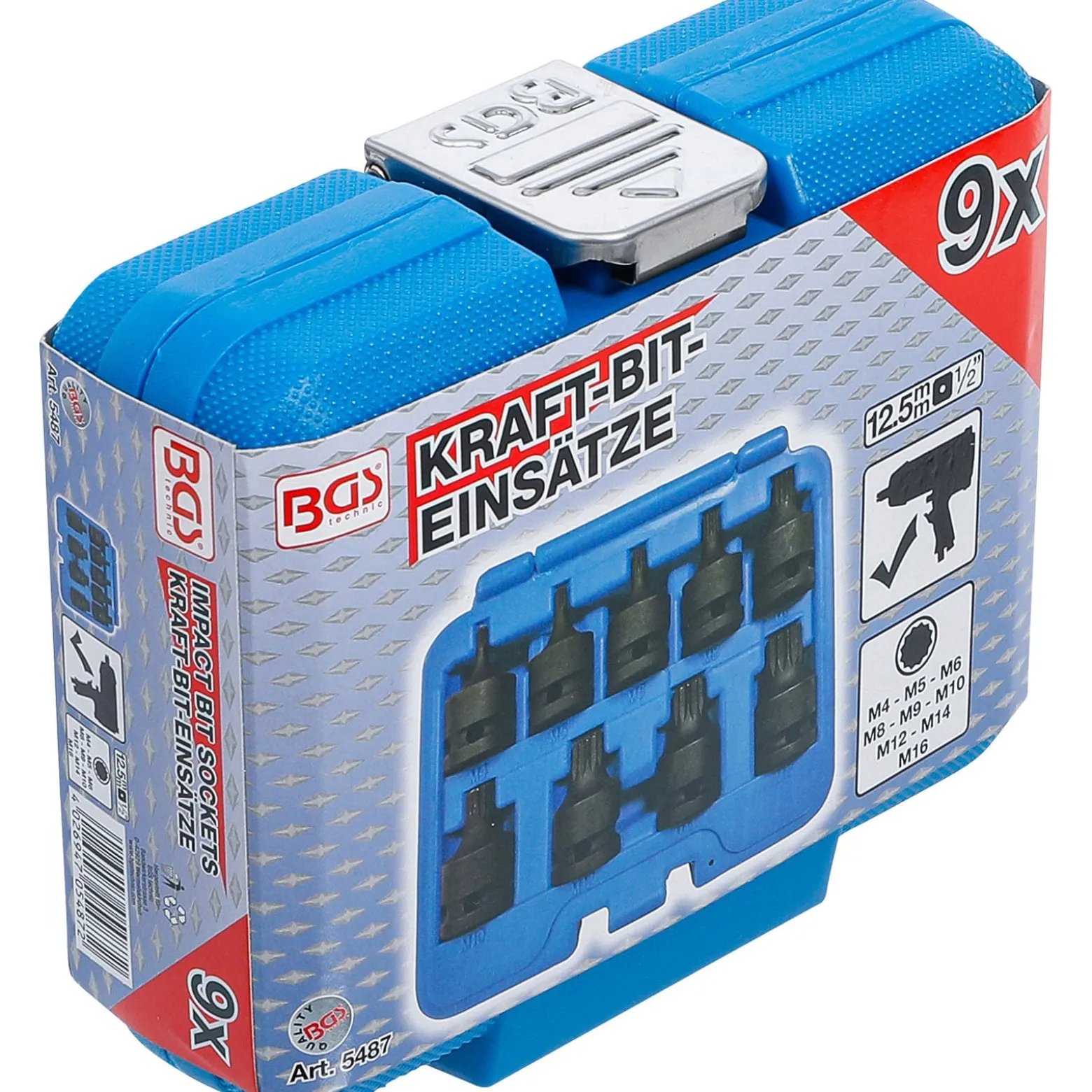 BGS Kraft-Bit-Einsatz-Satz Antrieb Innenvierkant 12,5 mm (1/2") Innenvielzahn (für XZN) M4 - M16 9tlg. - 5487