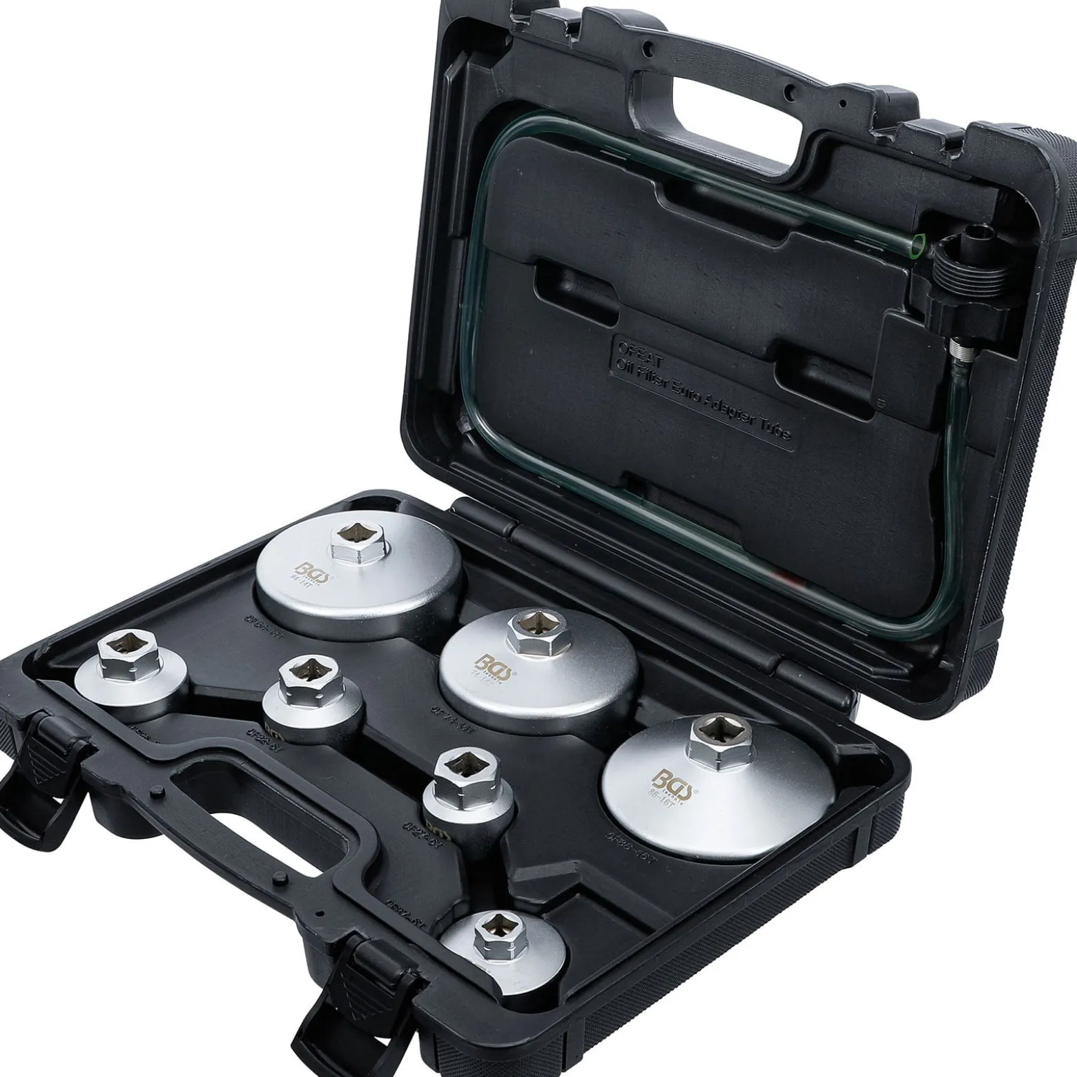 BGS Ölfilterschlüssel-Satz mit Ölfilter-Ablassschlauch für VAG / BMW / Citroën / Peugeot / Ford / Mercedes-Benz / Opel / Volvo 8tlg. - 72054