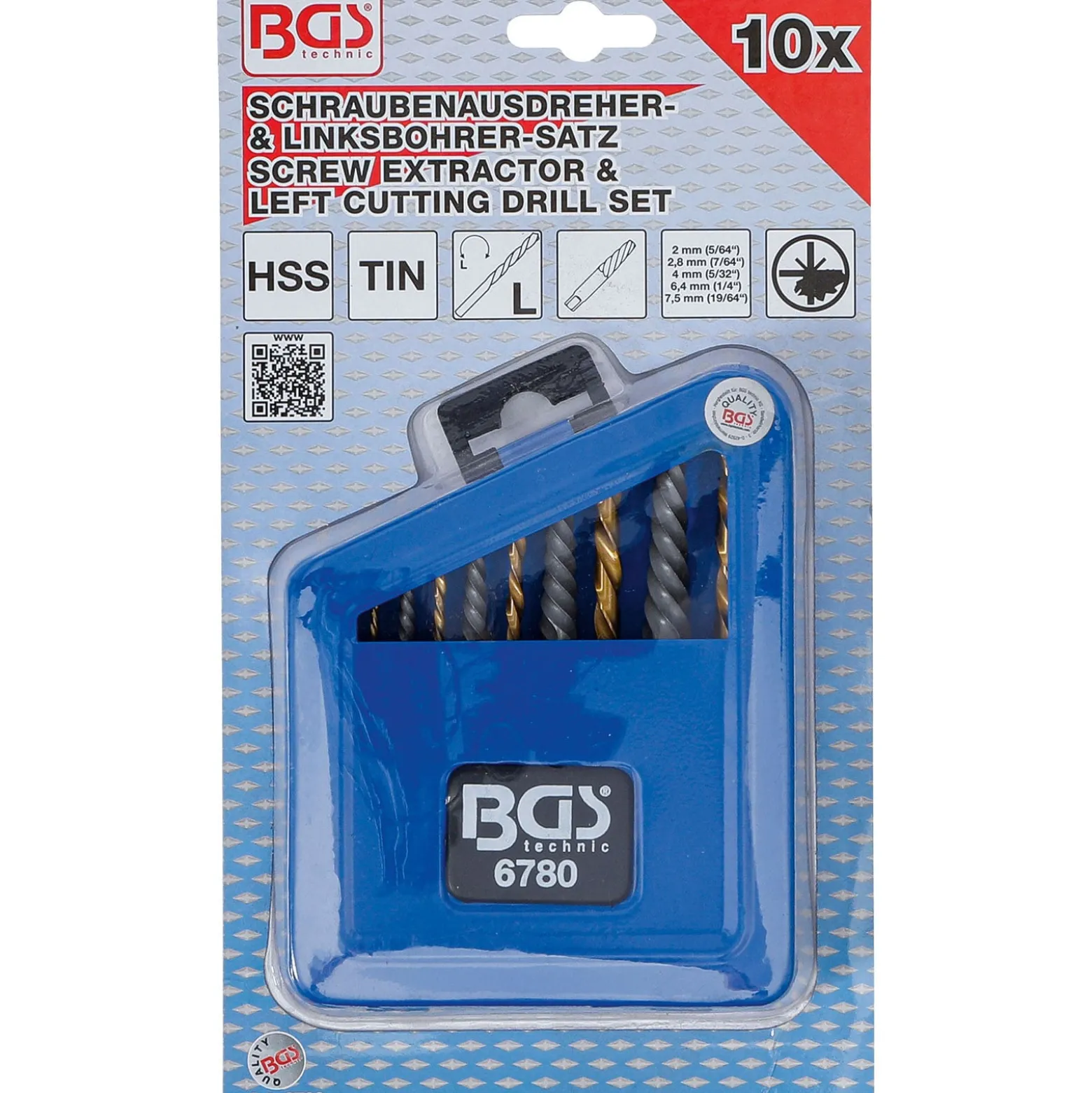 BGS Schraubenausdreher- & Linksbohrer-Satz HSS titan-nitriert 2 - 7,5 mm 10tlg. - 6780