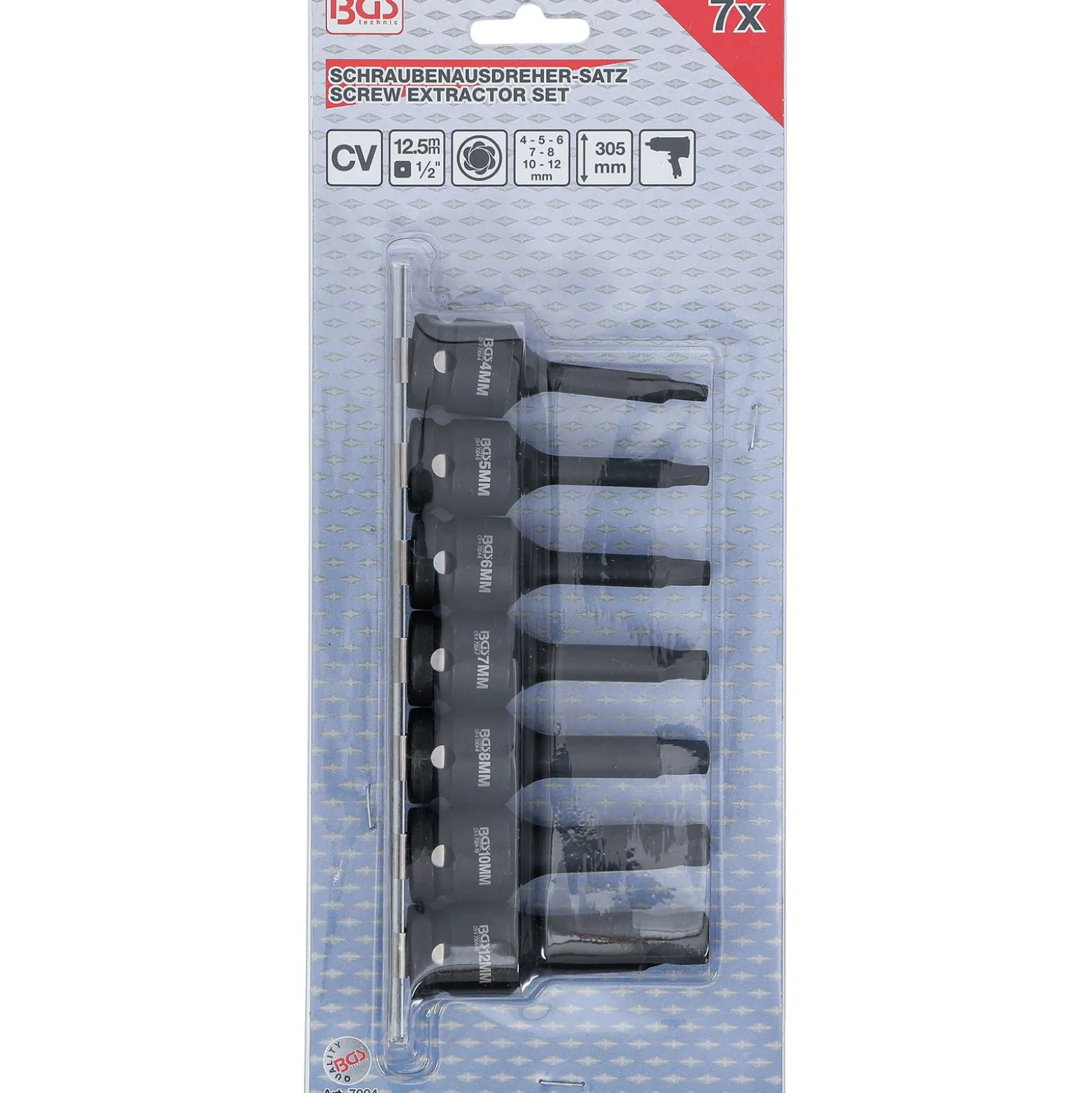 BGS Schraubenausdreher-Satz Antrieb Innenvierkant 12,5 mm (1/2") für defekten Innensechskant 4 - 12 mm 7tlg. - 7004