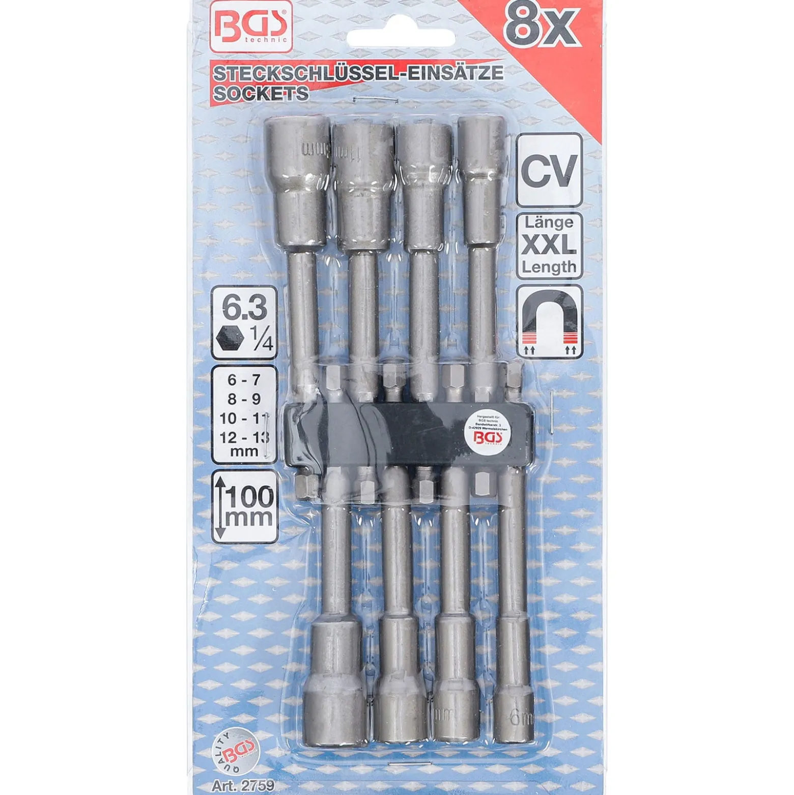 BGS Steckschlüssel-Einsatz-Satz Sechskant extra lang Antrieb Außensechskant 6,3 mm (1/4") für Bohrmaschinen SW 6 - 13 mm 8tlg. - 2759