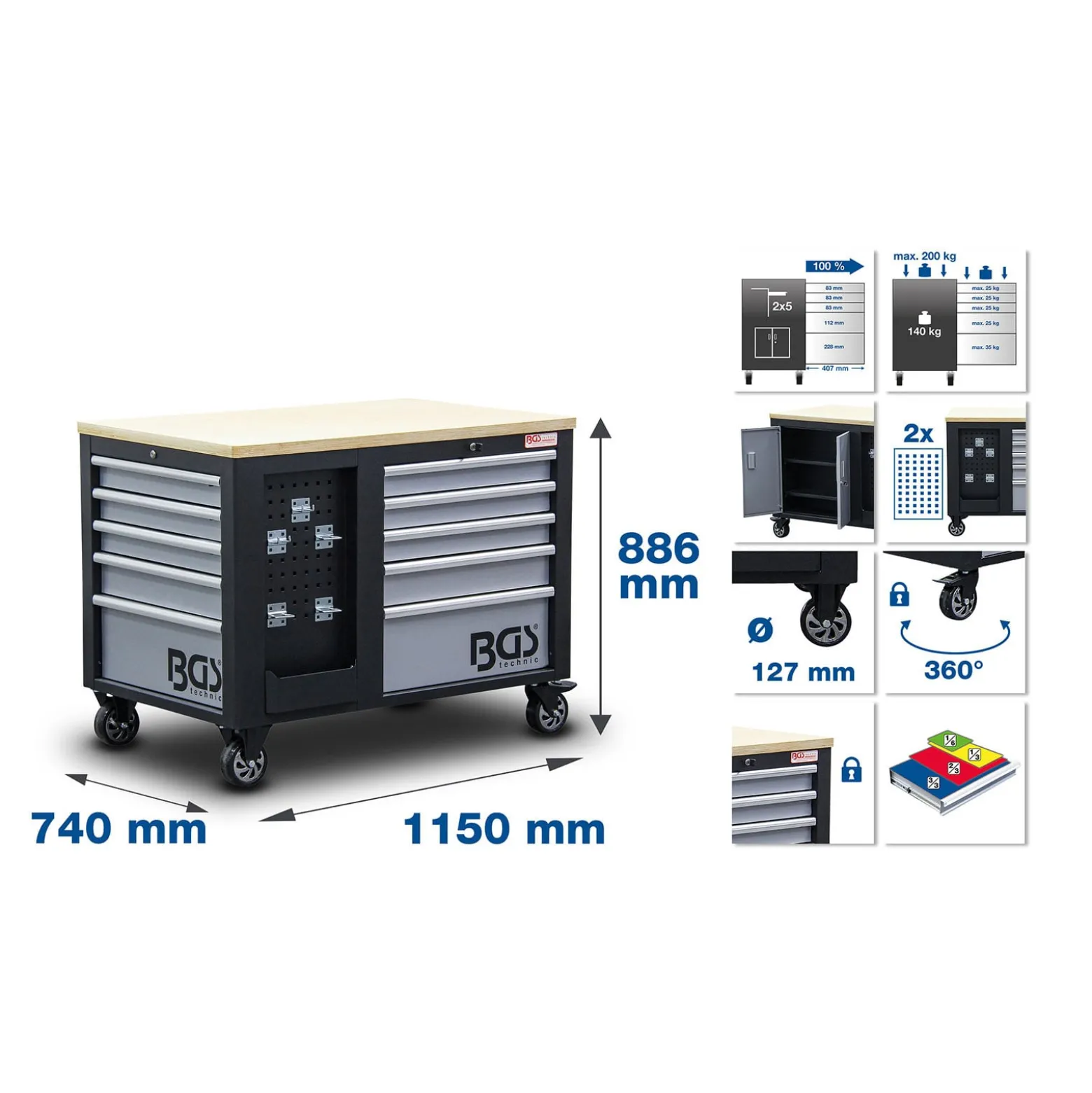 BGS Werkstattwagen 2 x 5 Schubladen 1 Schrank leer - 4199
