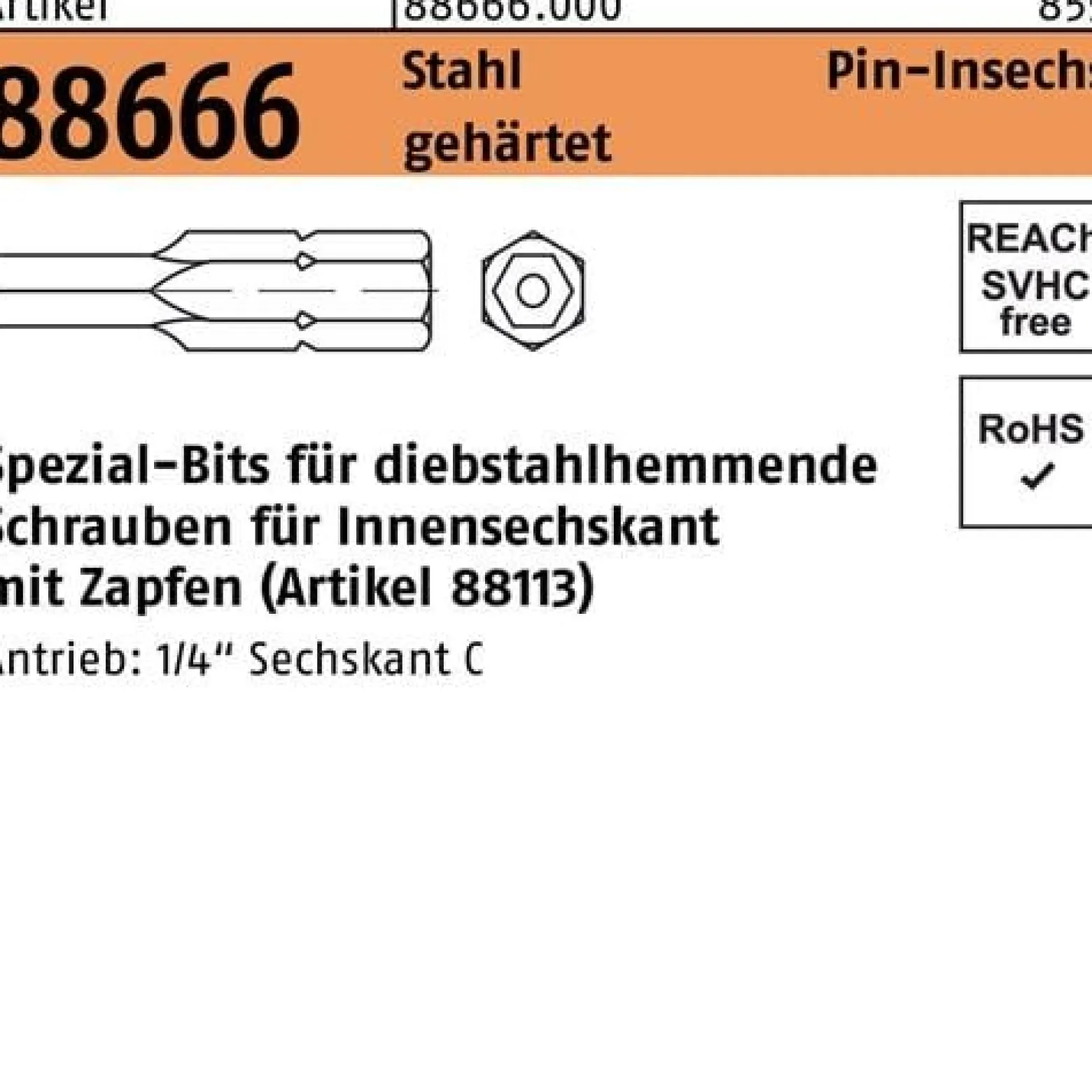Bit R 88666 Innen-6kt Zapfen SW5 /M 8 Stahl gehärtet 1 Stück