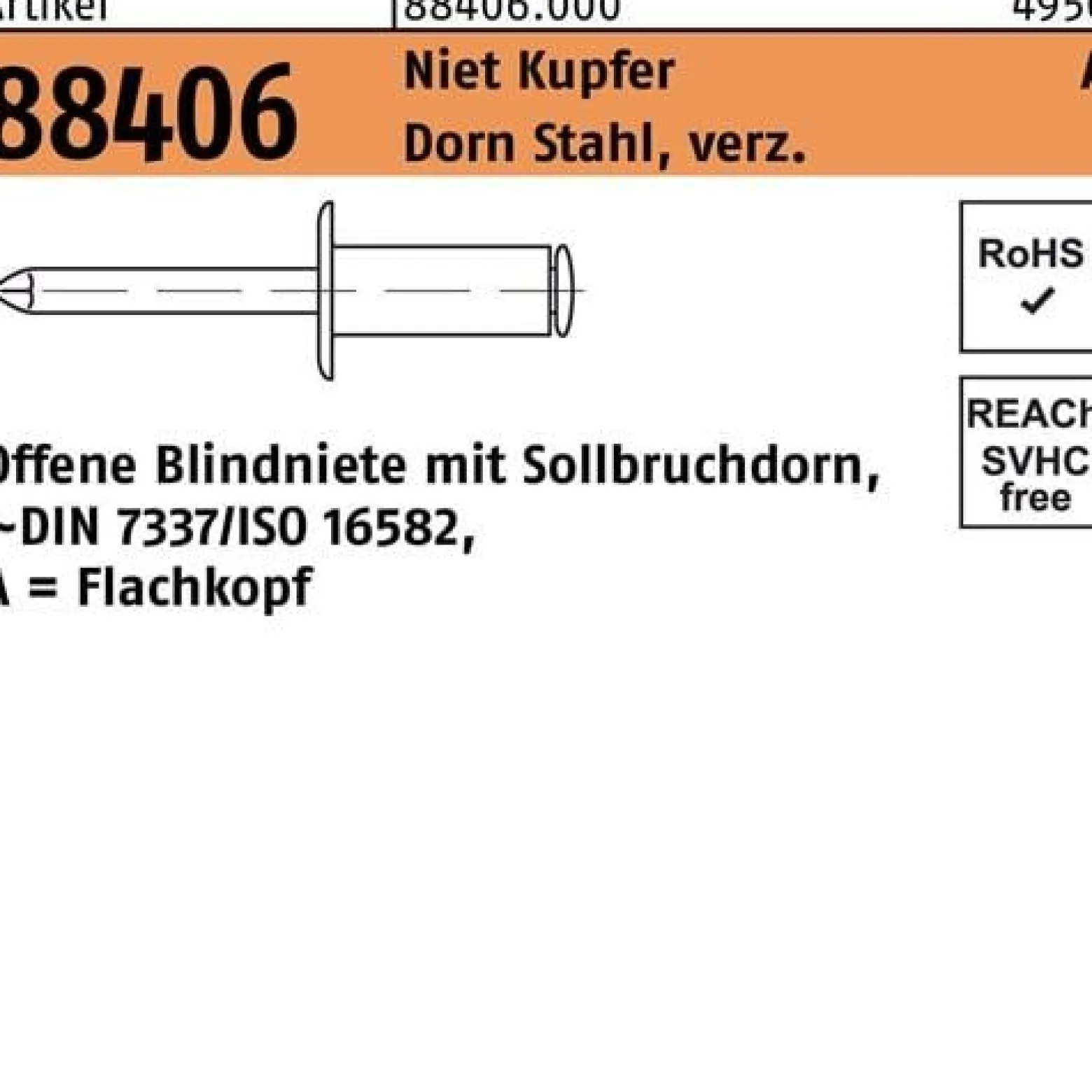 Blindniete R 88406 FLAKO 3x 4 Niet Kupfer/Dorn Stahl verz. 500 Stück