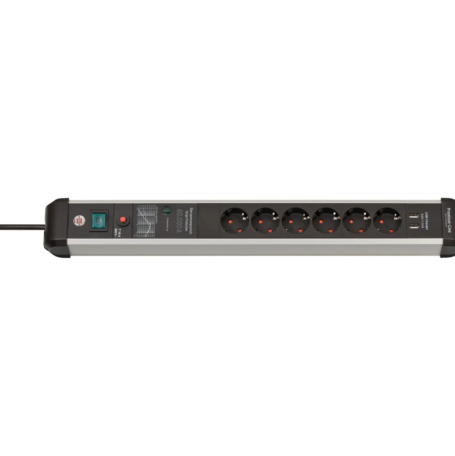 Brennenstuhl Premium-Protect-Line 60.000A Überspannungsschutz-Steckdosenleiste mit USB-Ladefunktion 6-fach 3 m H05VV-F 3G1,5 - 1391010610