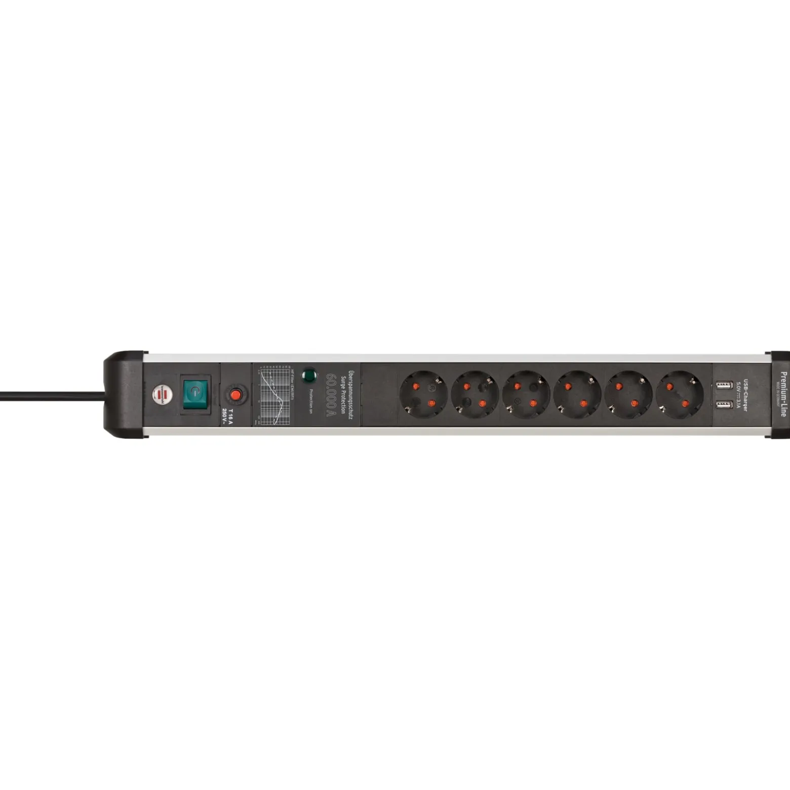 Brennenstuhl Premium-Protect-Line 60.000A Überspannungsschutz-Steckdosenleiste mit USB-Ladefunktion 6-fach 3 m H05VV-F 3G1,5 - 1391010610