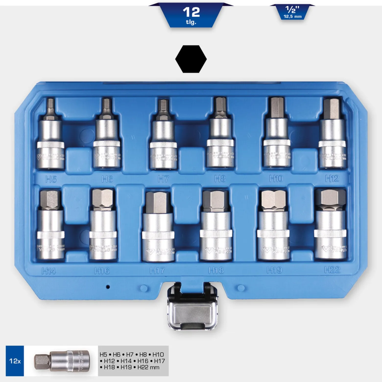 BRILLIANT TOOLS 1/2" Innensechskant Bit-Stecknuss-Satz 12tlg. 5 - 22 mm - BT022012