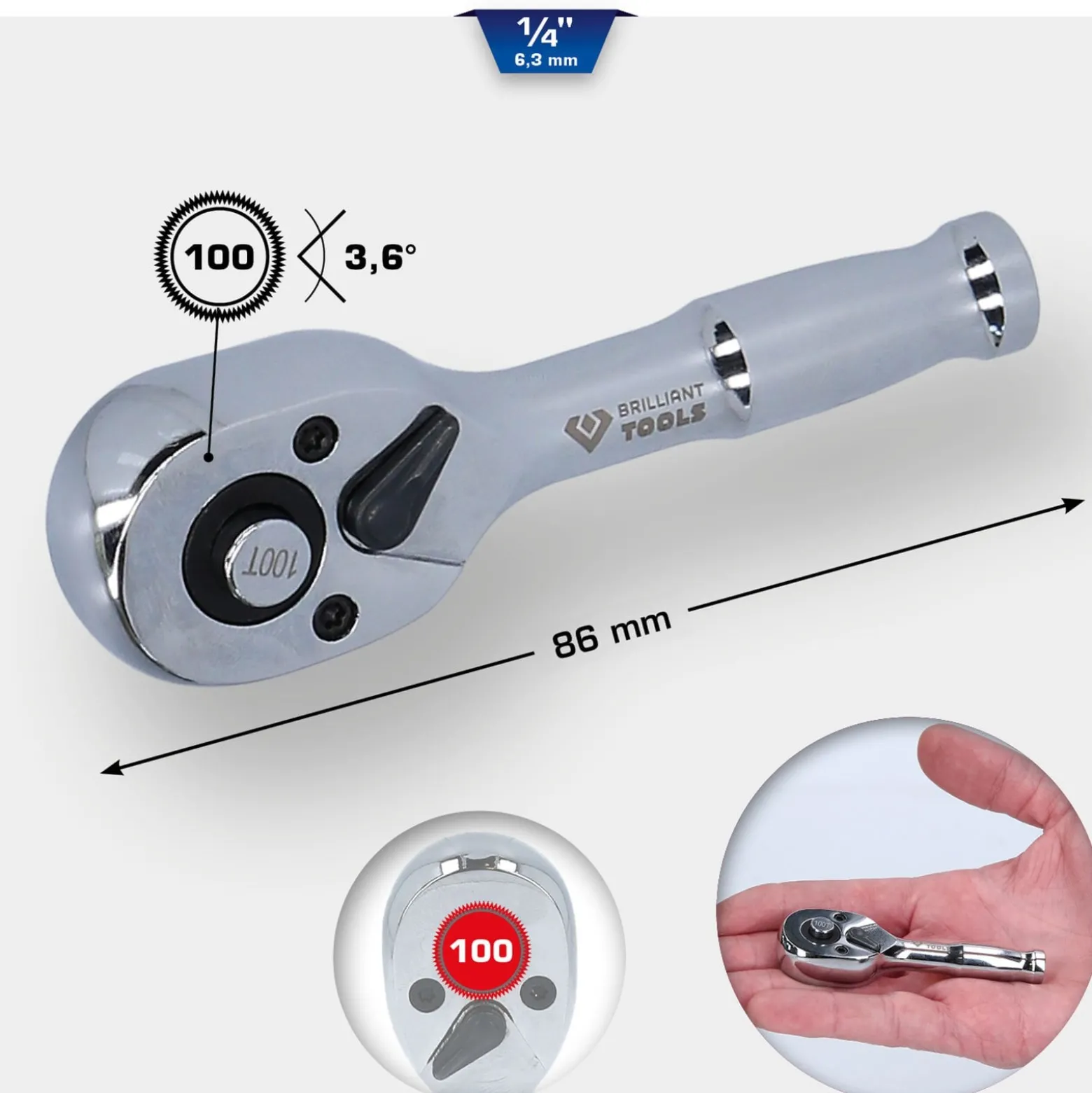 BRILLIANT TOOLS 1/4" Mini-Umschaltknarre mit Metallgriff 100 Zahn - BT020999