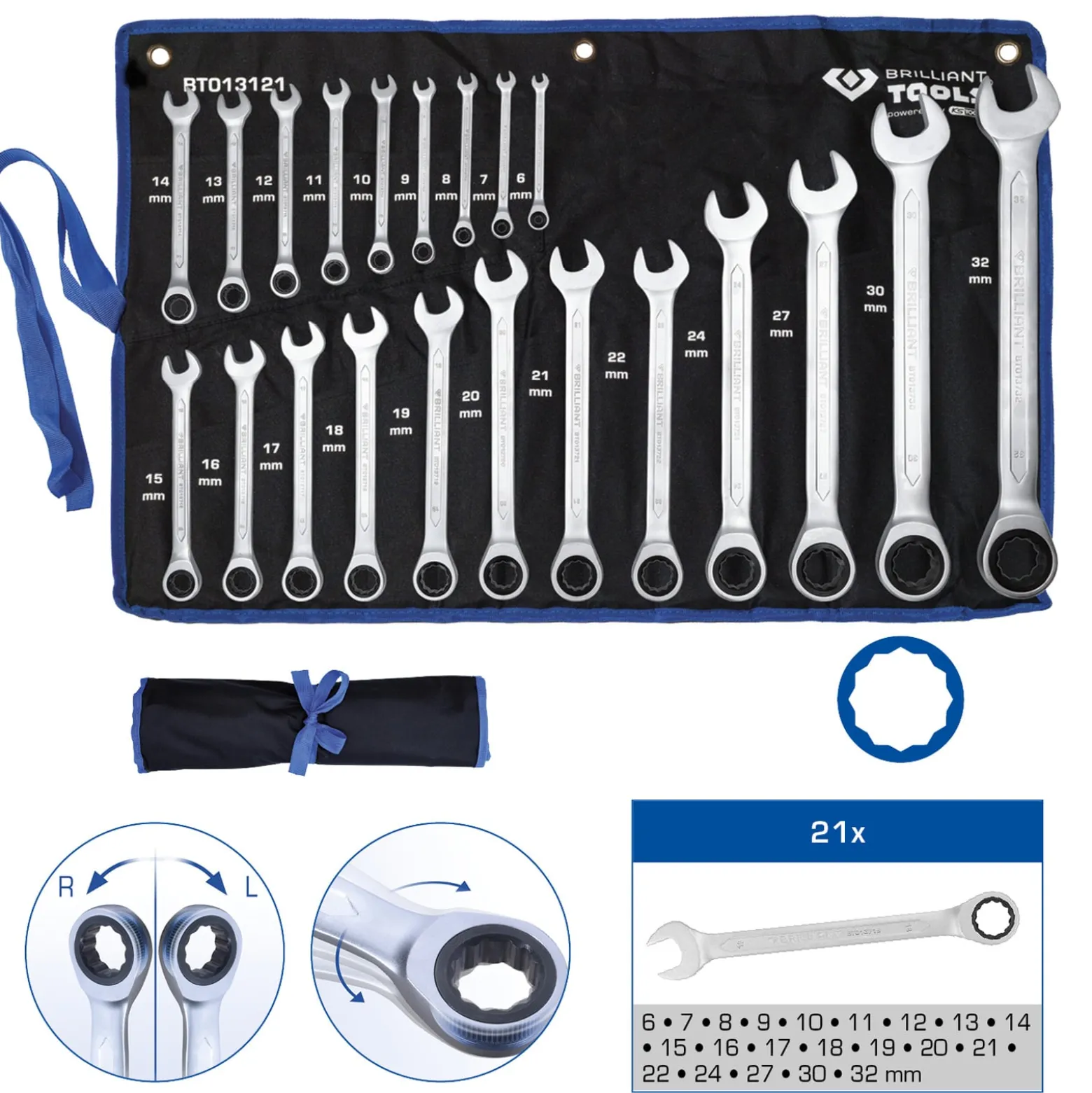 BRILLIANT TOOLS Ratschenringschlüssel-Satz 21tlg. 6 - 32 mm - BT013121