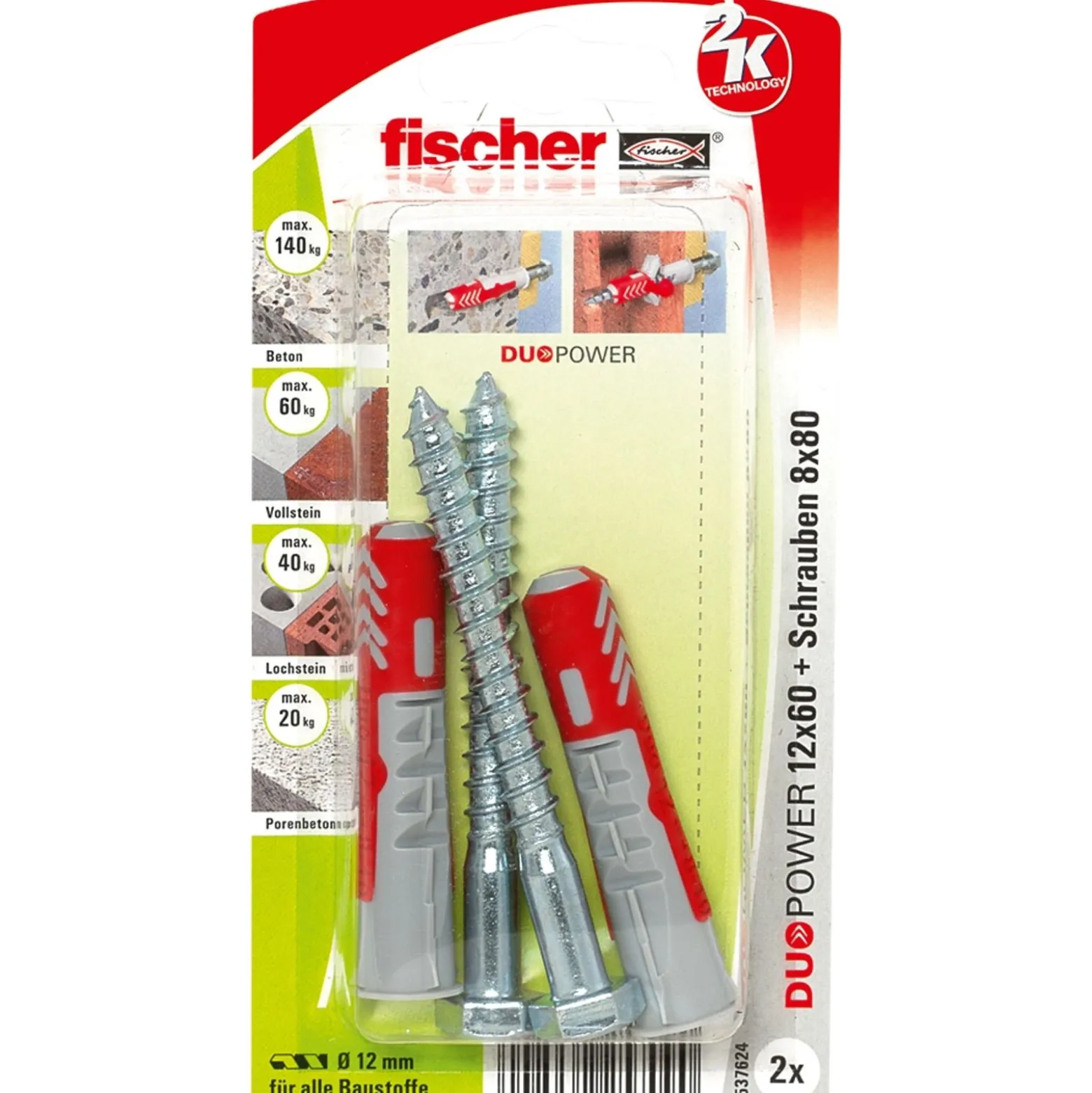 Fischer 2x DUOPOWER 12x60 S mit Schraube - 537624