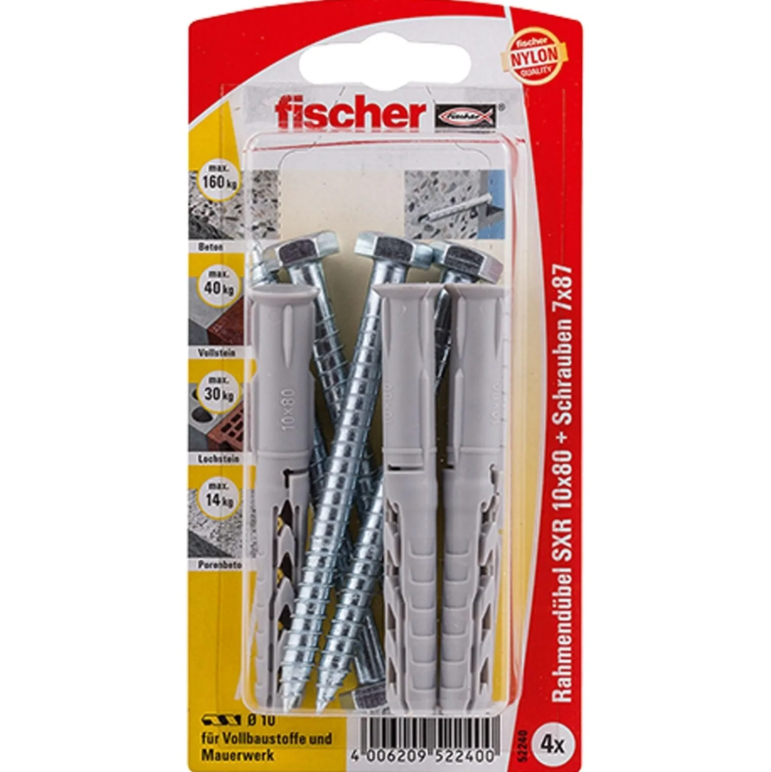 Fischer 4x Langschaftdübel SXR 10 x 80 SS Sechskantschraube - 52240