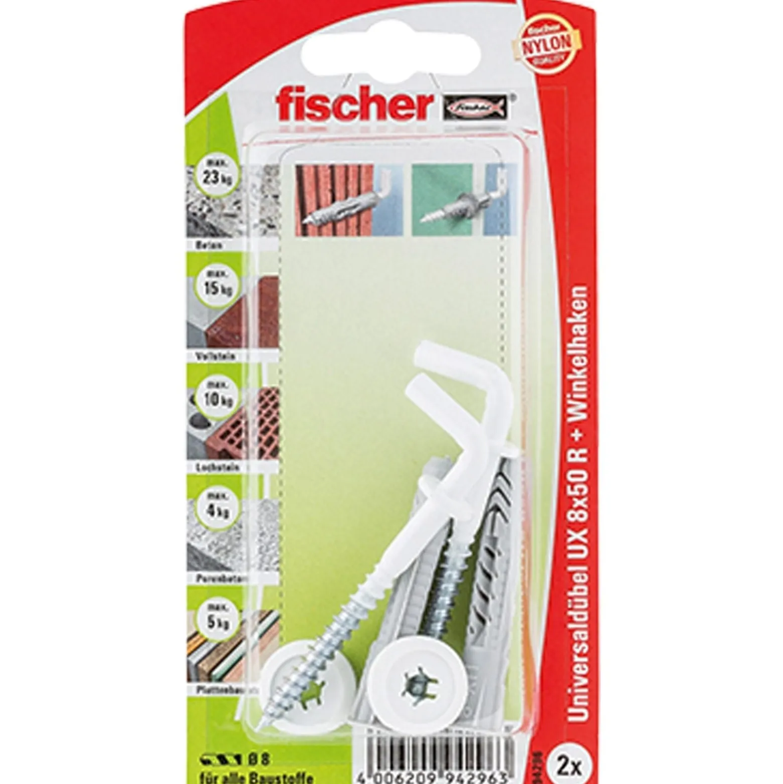Fischer 2x Universaldübel UX 8x50 RH mit Winkelhaken, nylonbeschichtet - 94296