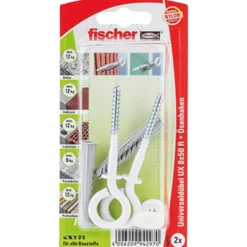 Fischer 2x Universaldübel UX 8x50 R OH N mit Rand und Ösenschraube nylonbeschichtet - 94297