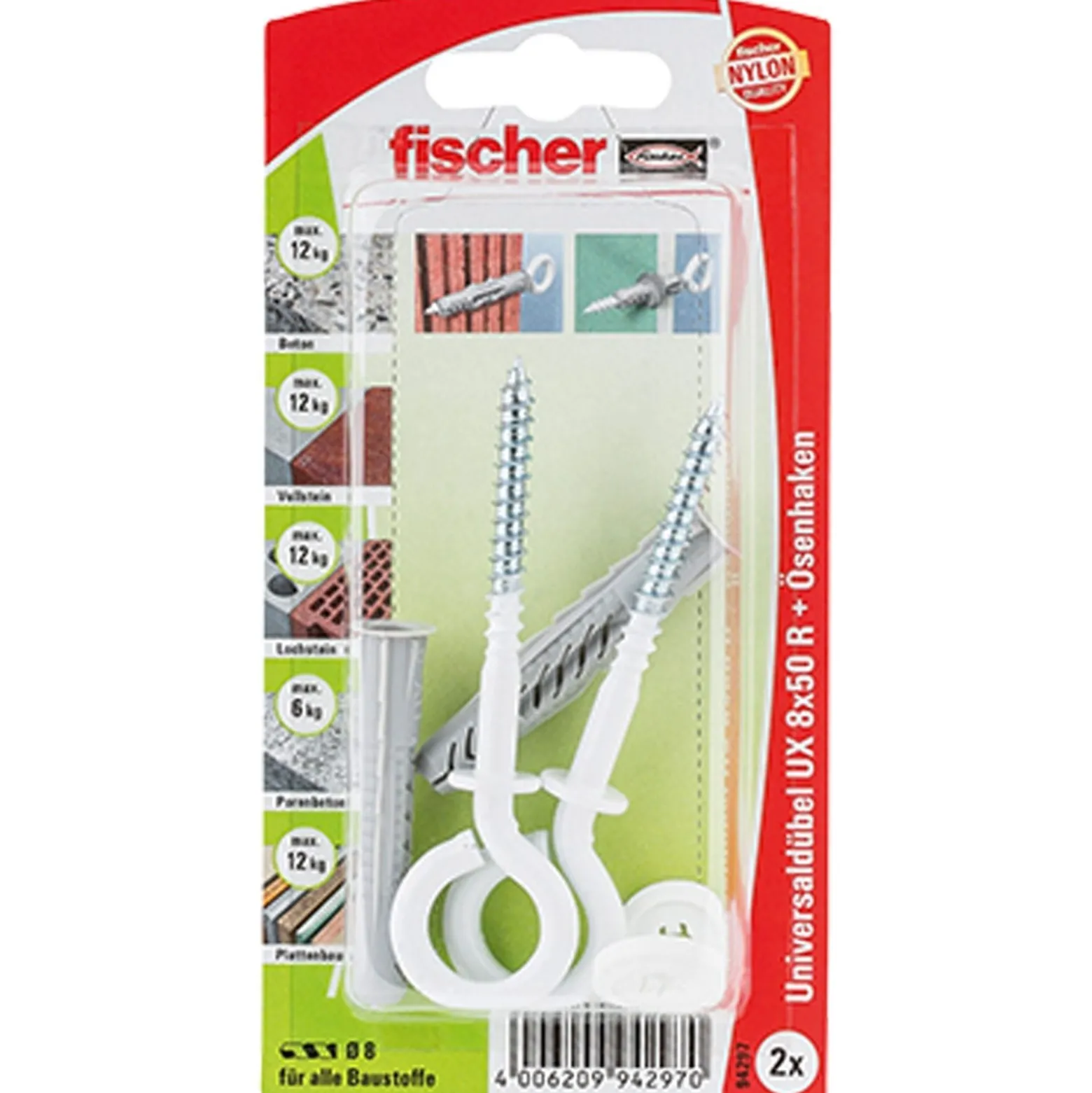 Fischer 2x Universaldübel UX 8x50 R OH N mit Rand und Ösenschraube nylonbeschichtet - 94297