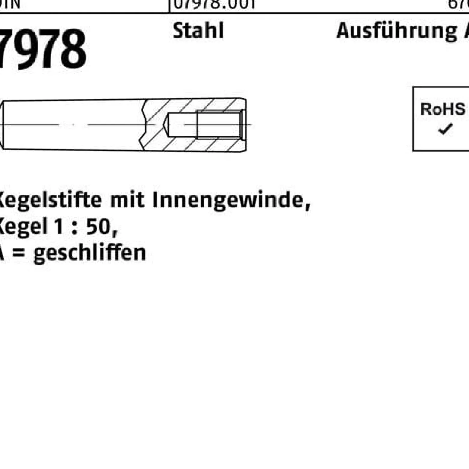 Kegelstift DIN 7978/ISO 8736 Innengewinde A 16x 50 Stahl Kegel 1:50 10 Stück