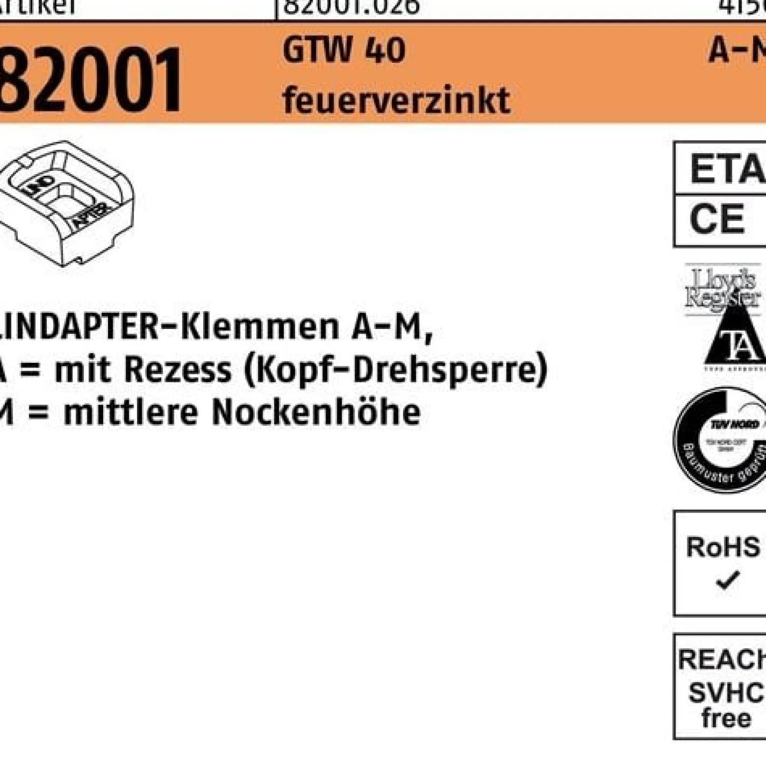 Klemmen R 82001 GTW 40 MM 10/5,0 feuerverz. 1 Stück LINDAPTER