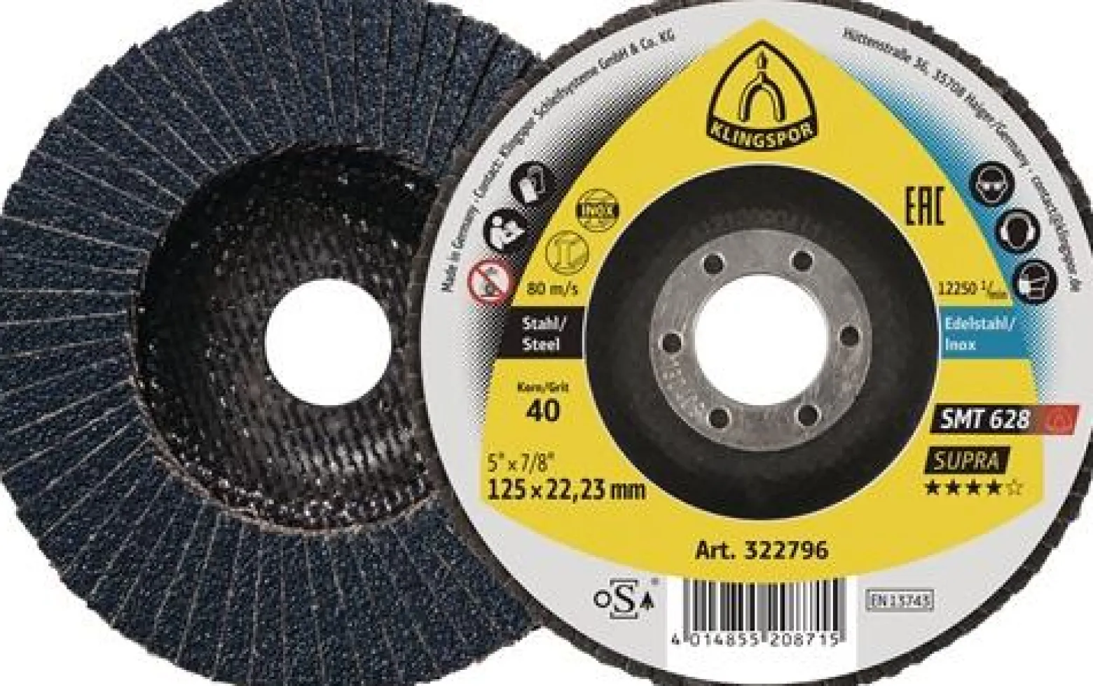KLINGSPOR Fächerscheibe SMT 628 Supra Ø 115 mm Körnung 80 flach INOX Zirkonkorund - 322793