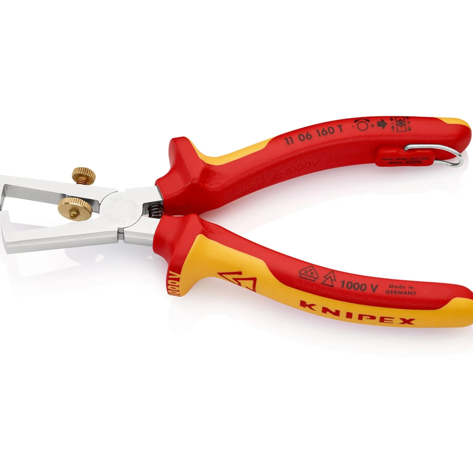 Knipex Abisolierzange mit Befestigungsöse verchromt, isoliert mit Mehrkomponenten-Hüllen, VDE-geprüft; mit integrierter isolierter Befestigungsöse zum Anbringen einer Absturzsicherung 160 mm - 1106160TBK