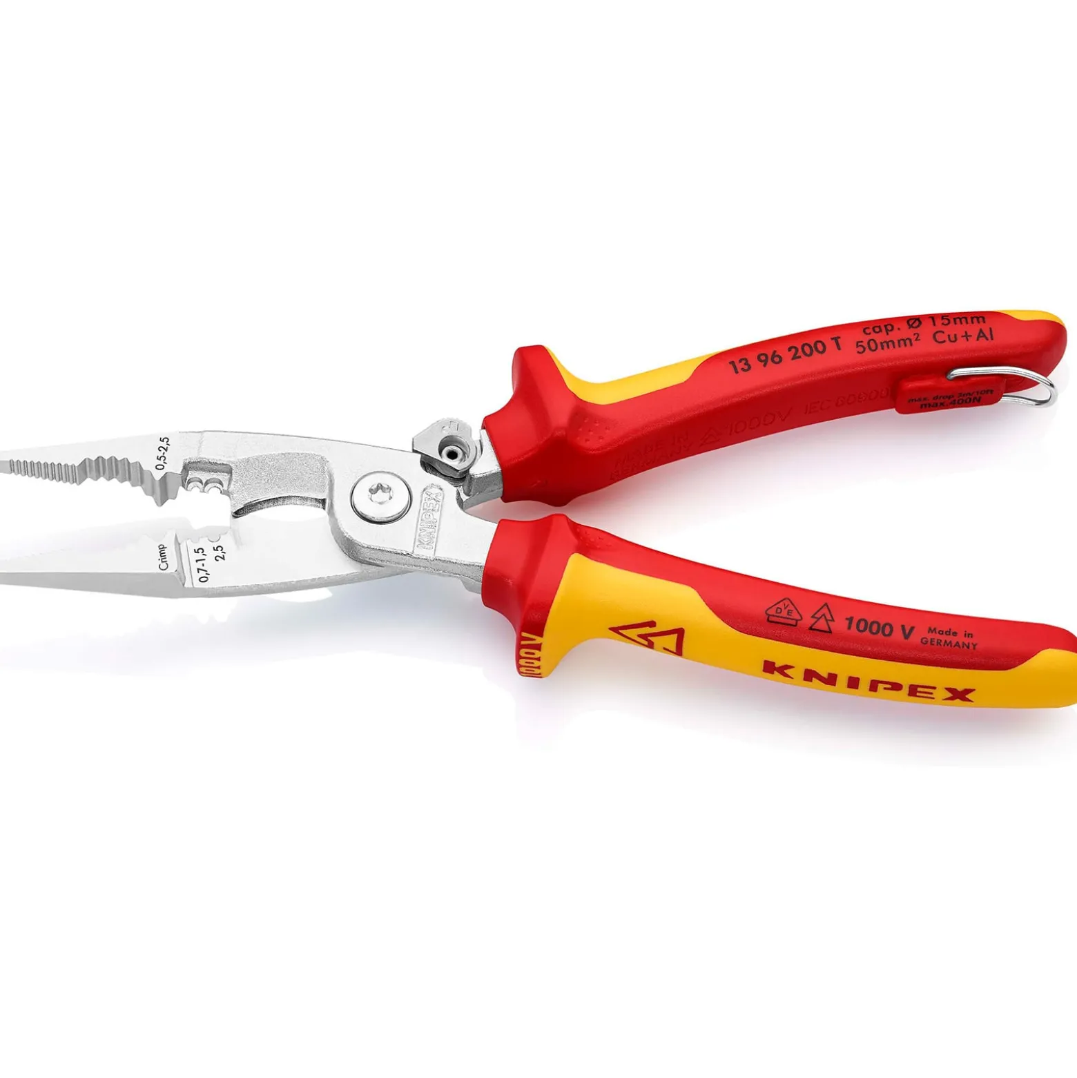 Knipex Elektro-Installationszg.Befestigungsöse verchromt, isoliert mit Mehrkomponenten-Hüllen, VDE-geprüft; mit integrierter isolierter Befestigungsöse zum Anbringen einer Absturzsicherung 200 mm - 1396200TBK