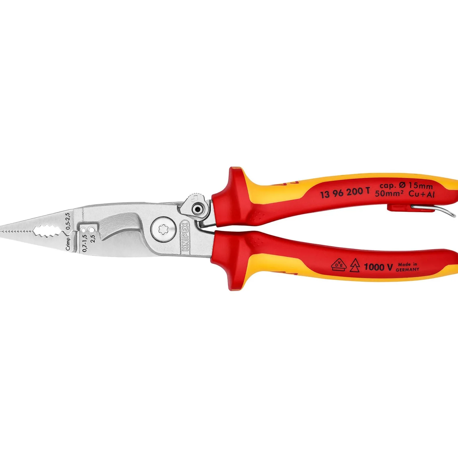 Knipex Elektro-Installationszg.Befestigungsöse verchromt, isoliert mit Mehrkomponenten-Hüllen, VDE-geprüft; mit integrierter isolierter Befestigungsöse zum Anbringen einer Absturzsicherung 200 mm - 1396200TBK