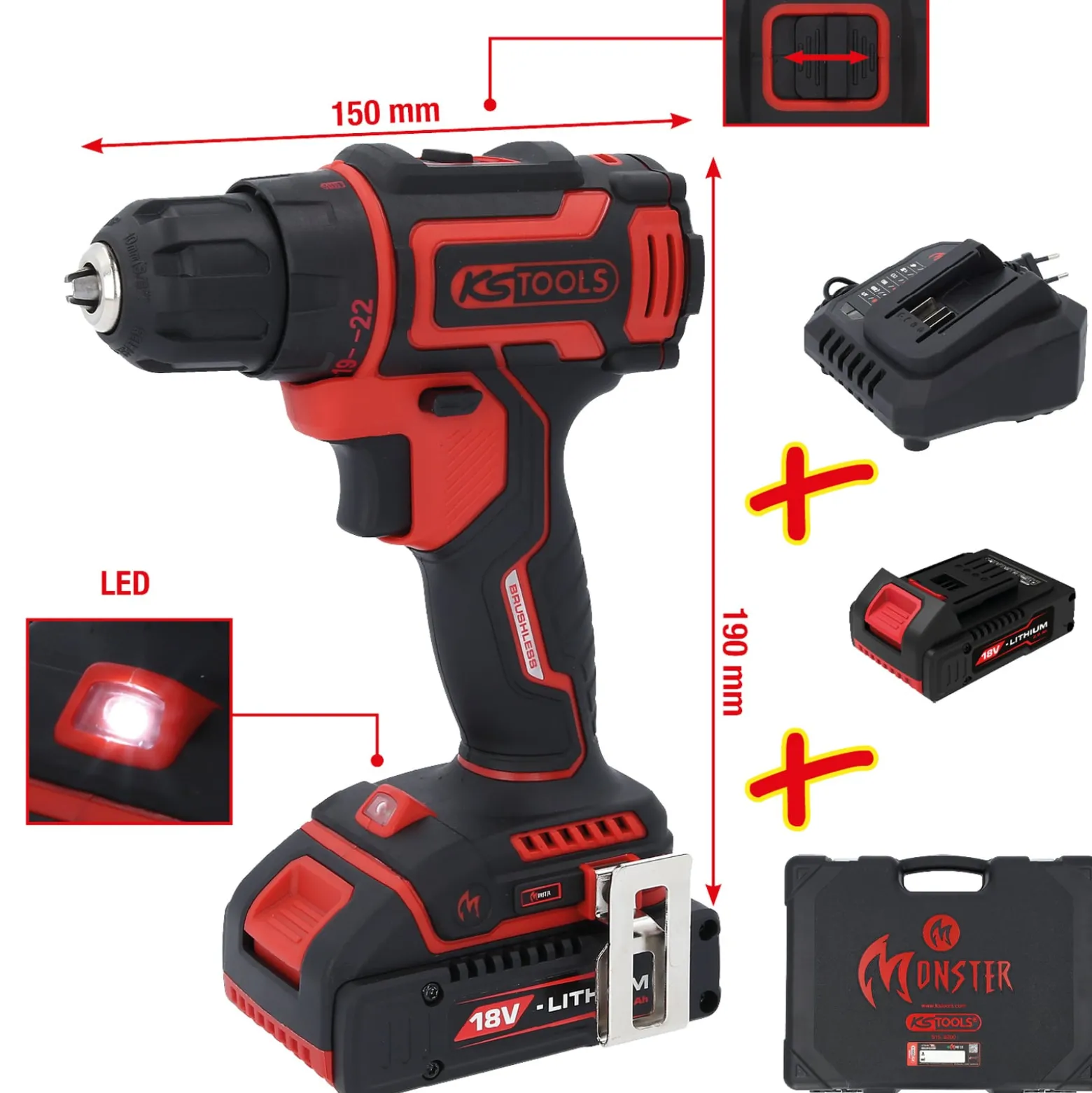 KS TOOLS eMONSTER Brushless-Akku-Bohr-Schrauber-Satz 4tlg. - 515.6400