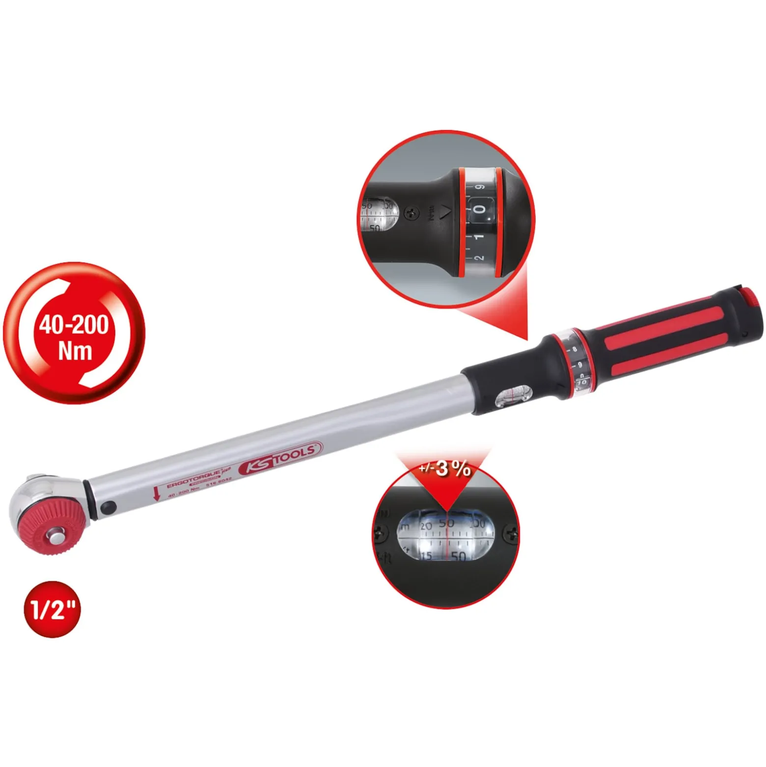 KS TOOLS 1/2" ERGOTORQUEprecision Drehmomentschlüssel 40 - 200 Nm mit Quick-Lock Drehknopf-Umsteck-Ratschenkopf - 516.6042