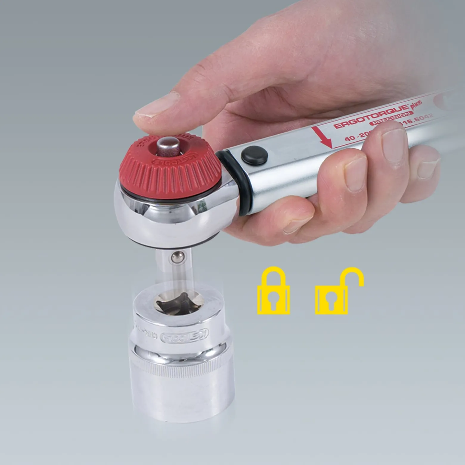 KS TOOLS 1/2" ERGOTORQUEprecision Drehmomentschlüssel 40 - 200 Nm mit Quick-Lock Drehknopf-Umsteck-Ratschenkopf - 516.6042