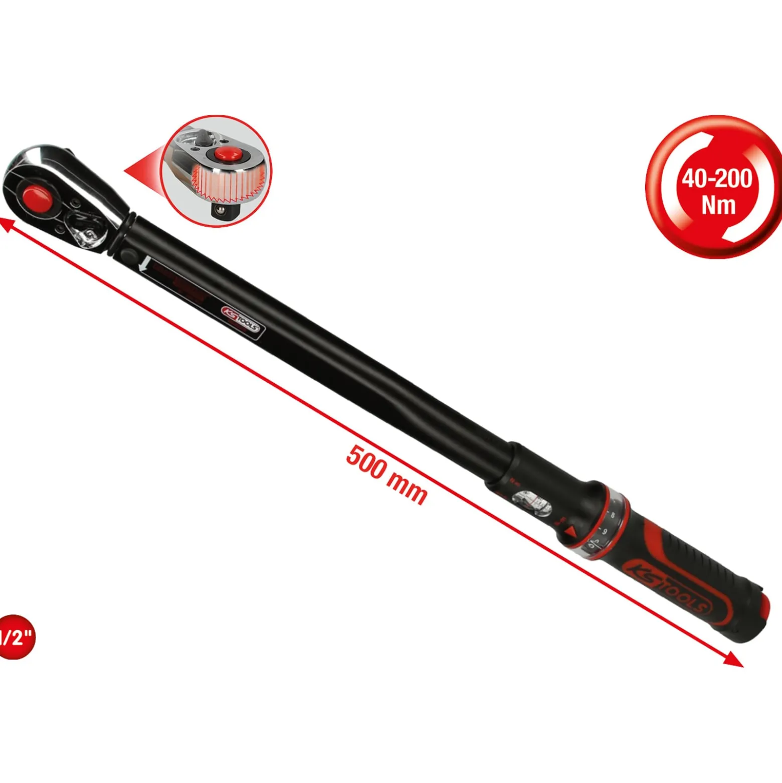 KS TOOLS 1/2" ErgoTorqueprecision Ratschen-Drehmomentschlüssel 40 - 200 Nm - 516.1542