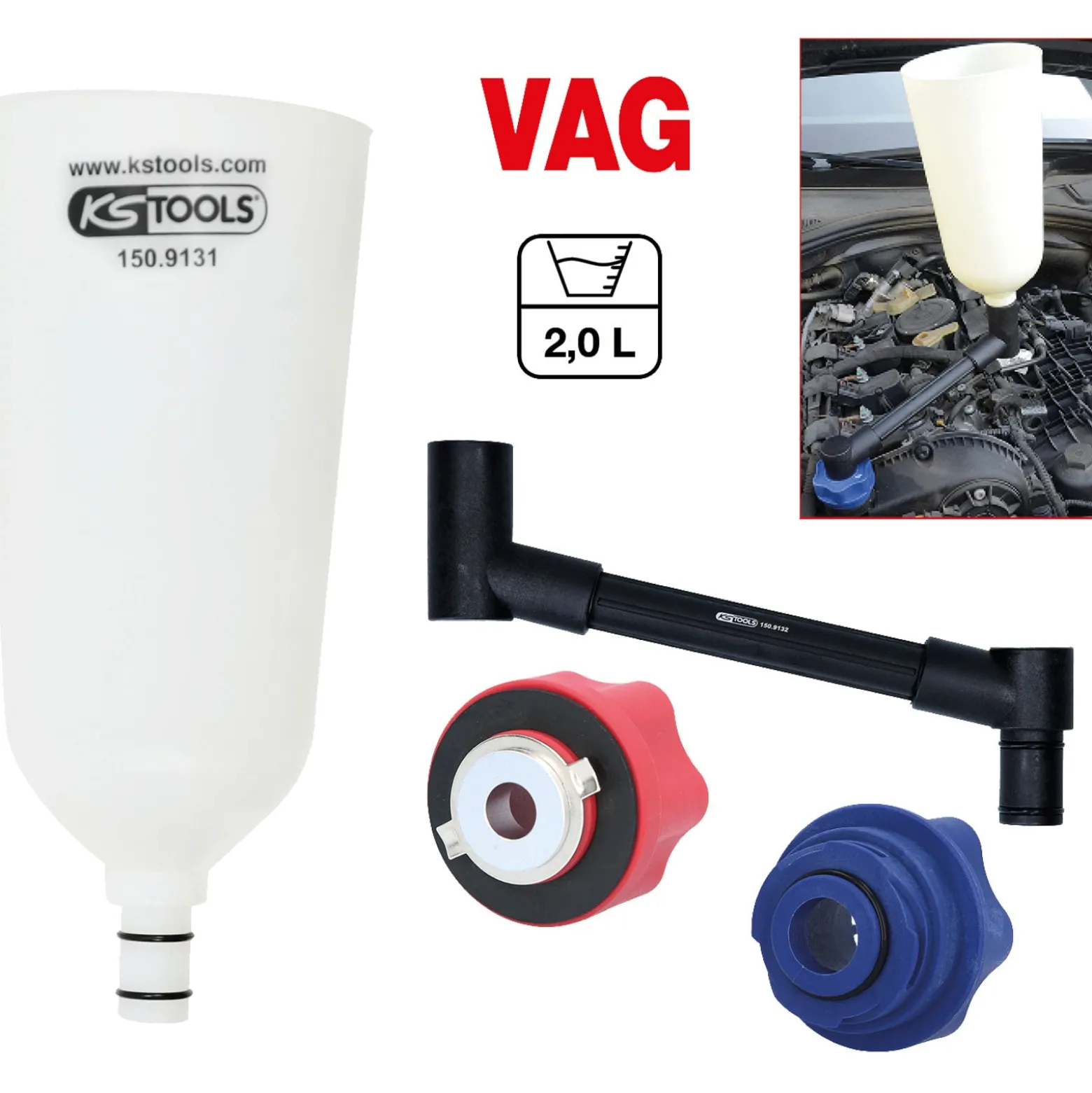 KS TOOLS Öl-Einfülltrichter-Satz mit drehbarem Winkelarm für VAG, 4-tlg - 150.9155