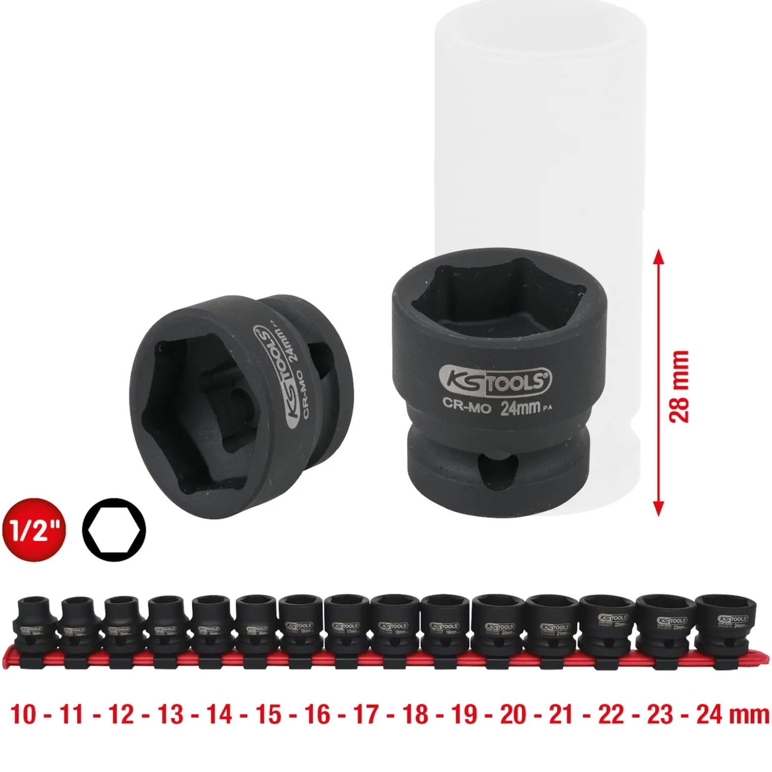 KS TOOLS 1/2" Sechskant-Kraft-Stecknuss-Satz extra kurz 15tlg. - 515.0055
