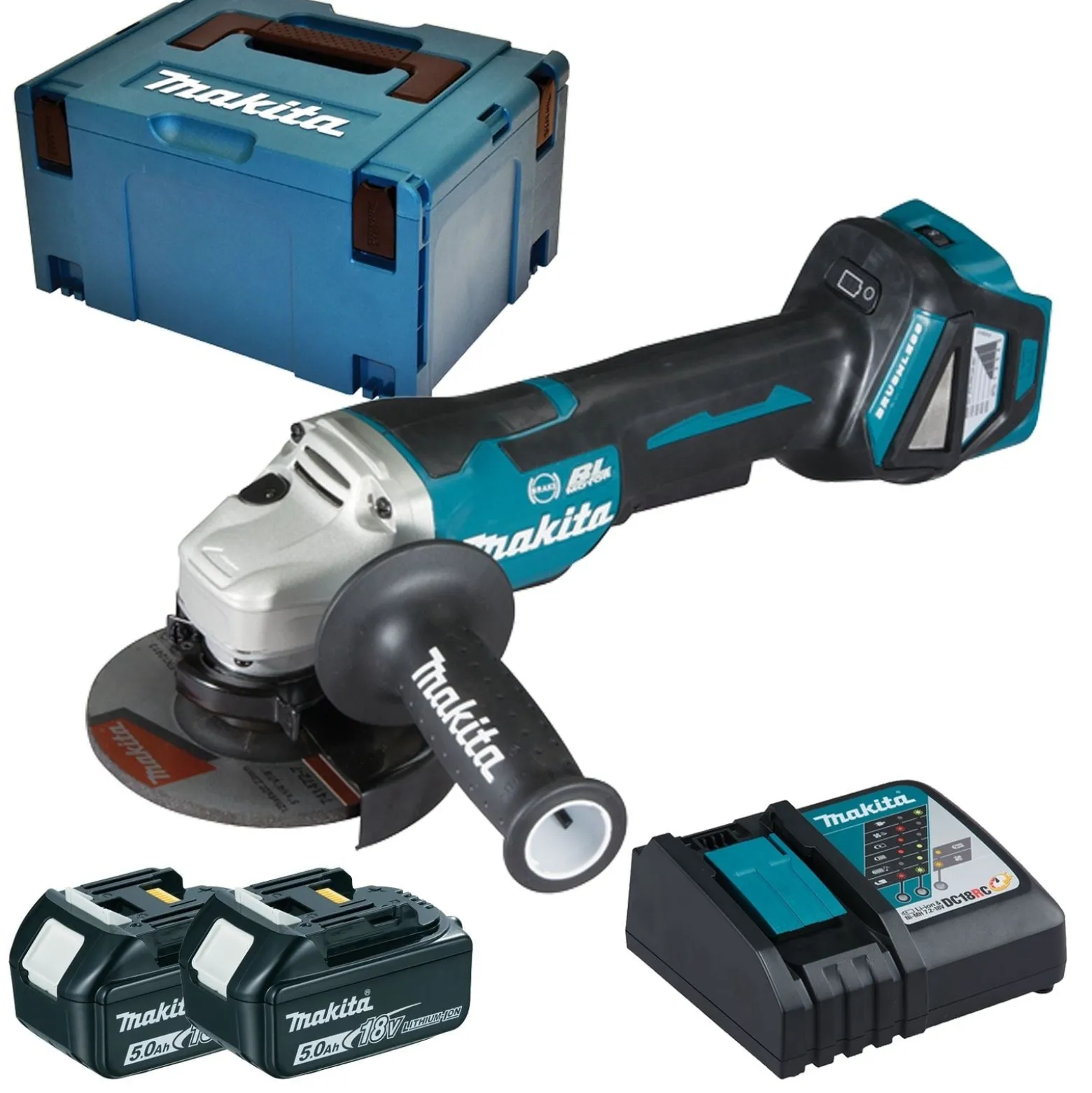 Makita DGA517RTJ Akku-Winkelschleifer Ø 125 mm 18 V / 2x 5,0 Akku + Ladegerät im Makpac