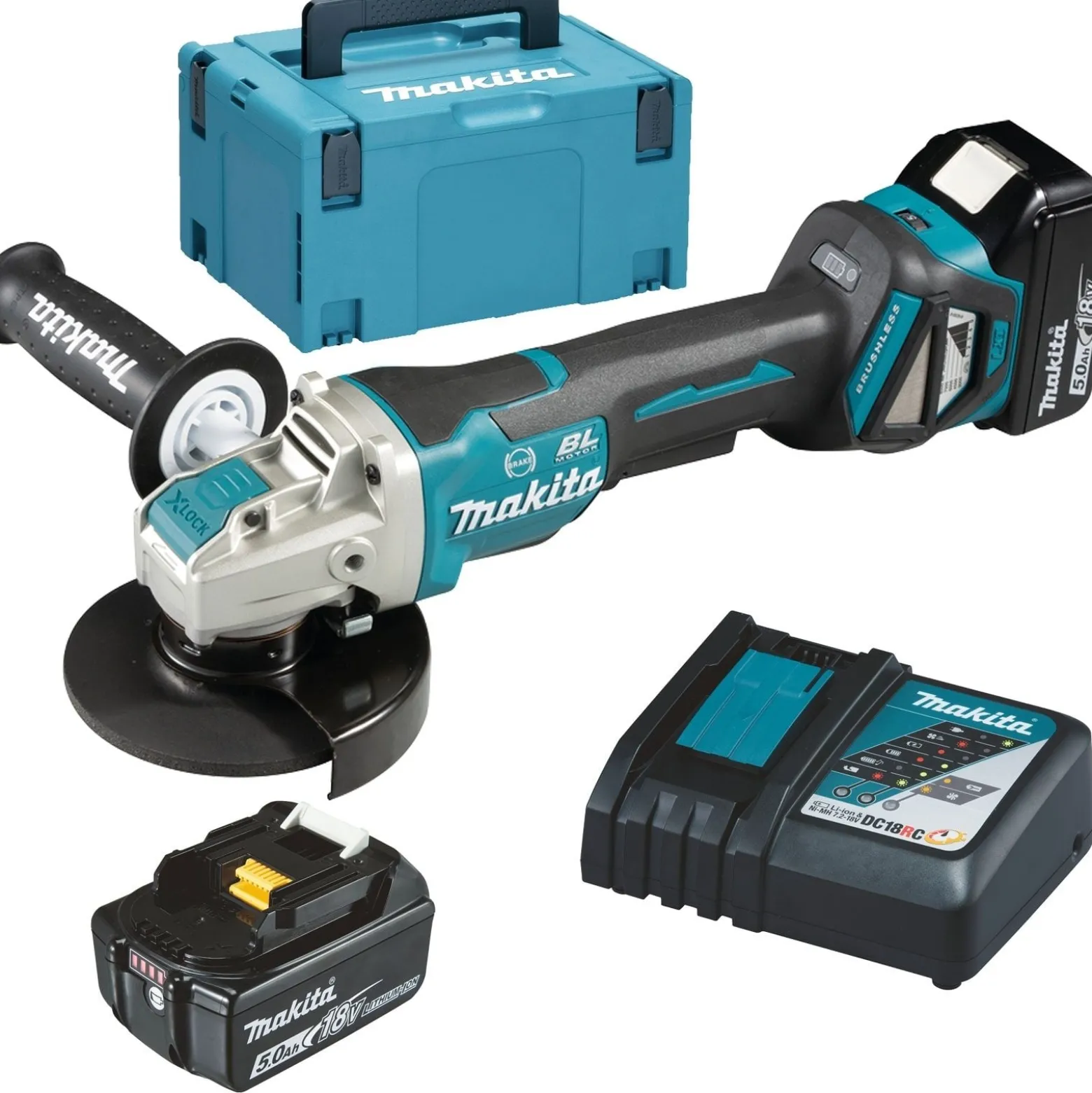 Makita DGA519RTJ Akku-Winkelschleifer Ø 125 mm 18 V / 2x 5,0 Ah Akku + Ladegerät im Makpac