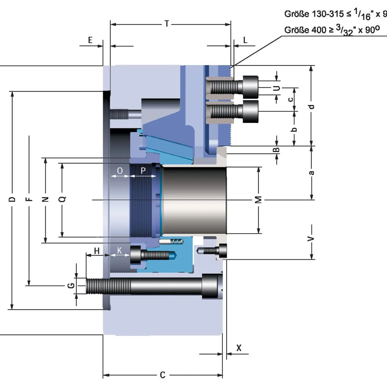 Röhm Kraftspannfutter KFD-HE 170, 3-Backen, Spitzverzahnung90°, Zylindrische Zentrieraufnahme - 154384