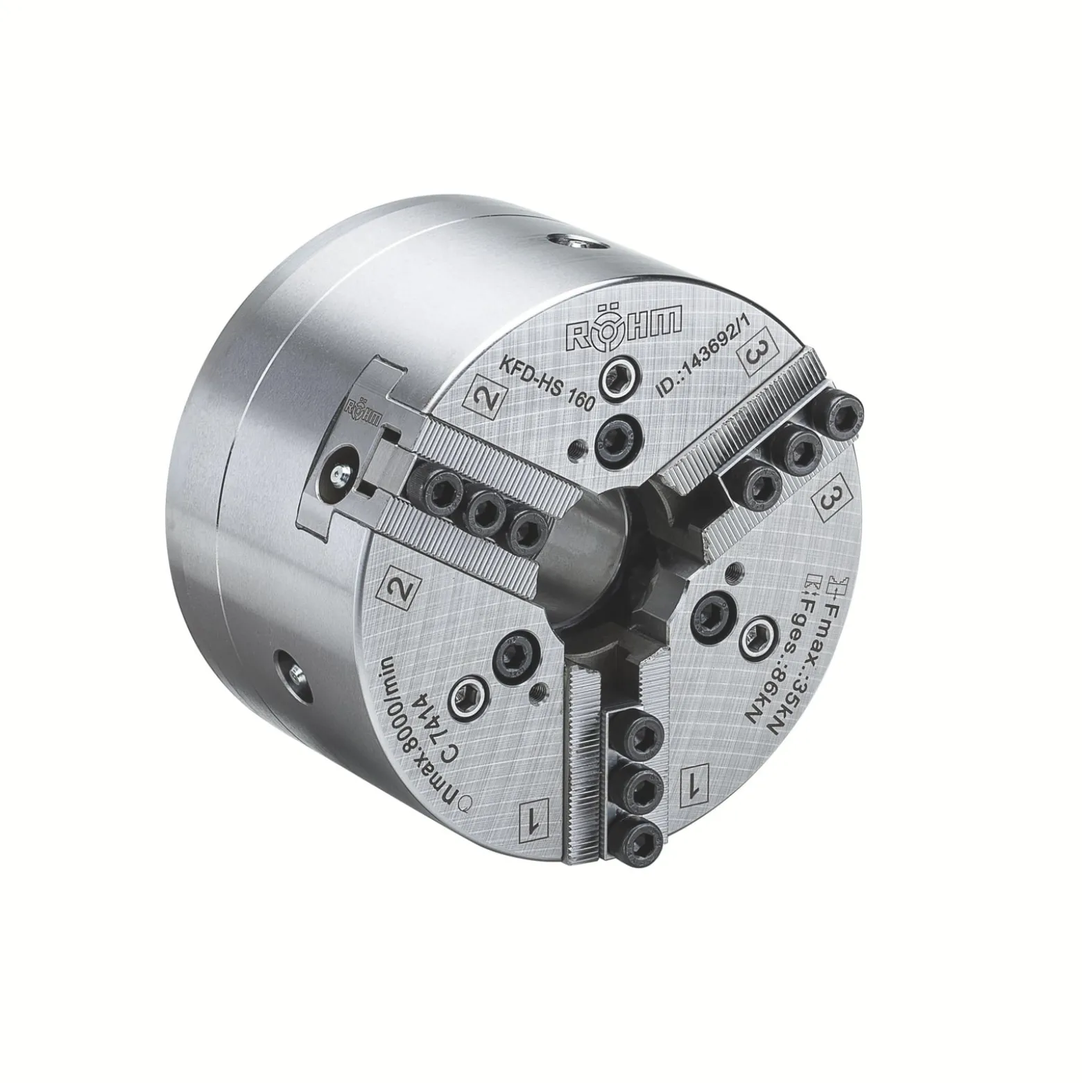 Röhm Kraftspannfutter KFD-HS 160, 3-Backen, Spitzverzahnung 90°, Zylindrische Zentrieraufnahme - 143692