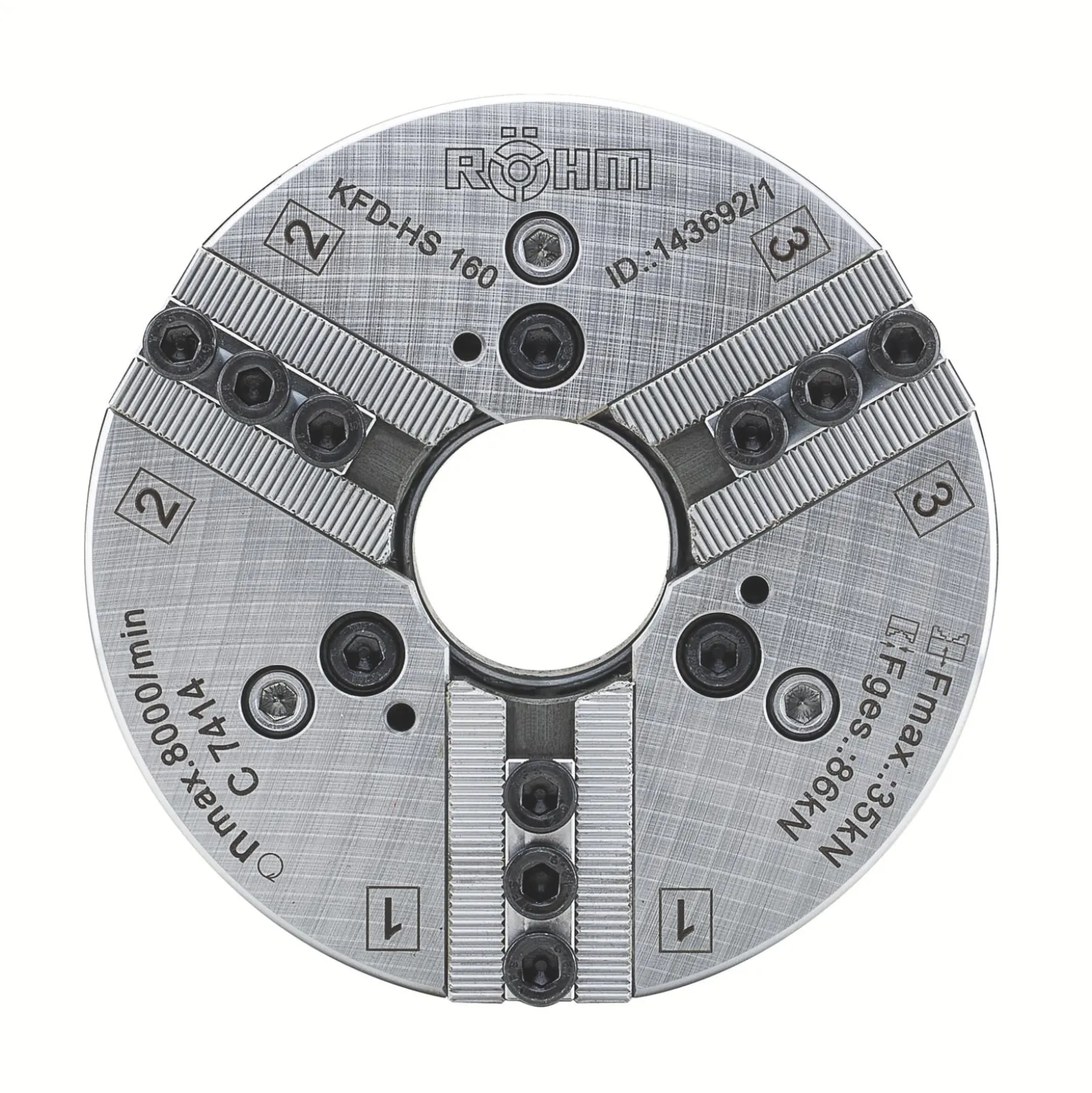 Röhm Kraftspannfutter KFD-HS 160, 3-Backen, Spitzverzahnung 90°, Zylindrische Zentrieraufnahme - 143692
