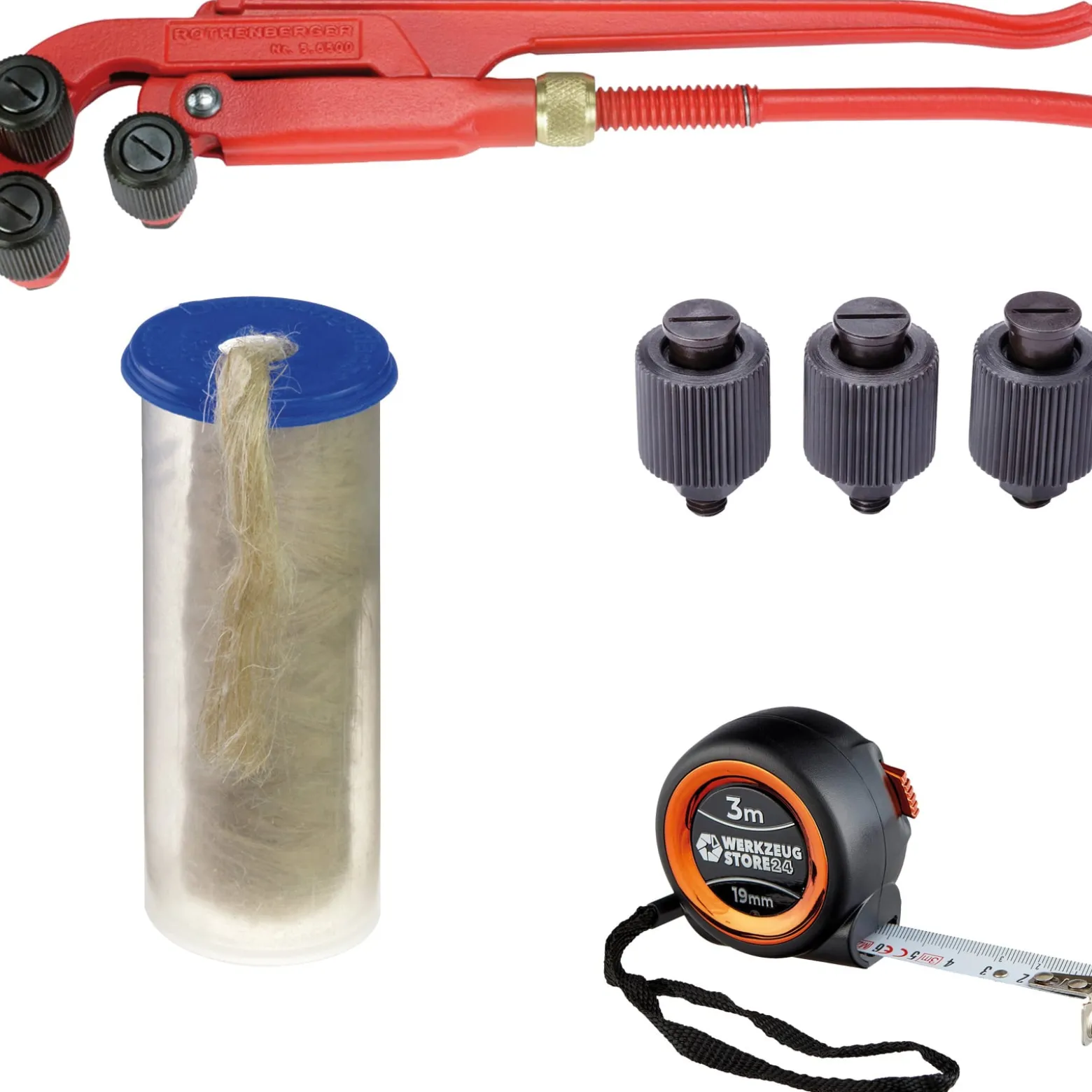 ROTHENBERGER Gewinde-Aufraugerät 3/8-2" + HANFSPENDER mit ROLLE 40G/40M + 3x Ersatz-Aufraurollen + Bandmaß - 56500-70623-56501-Set