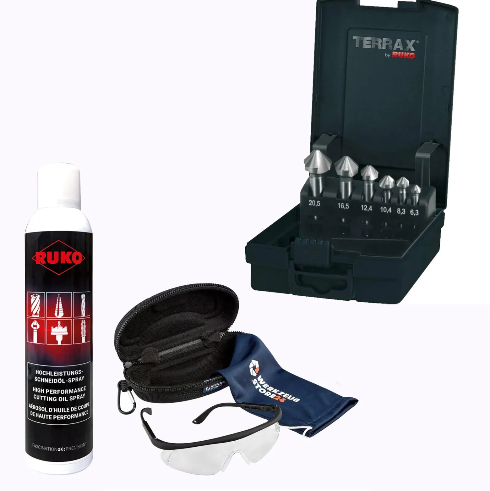 RUKO Kegel- & Entgratsenker-Satz HSS, 6tlg., 90°, DIN 335 Form C inkl. Spray & Schutzbrille - WZSA102152RO