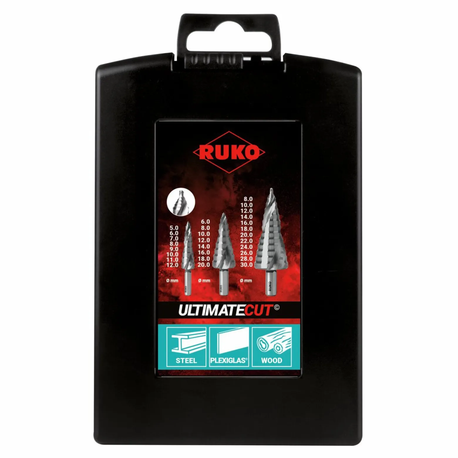 RUKO ULTIMATECUT Stufenbohrer-Satz HSS mit FLOWSTEP® Spitze in Kunststoffkassette - 3 tlg. - 101626RO
