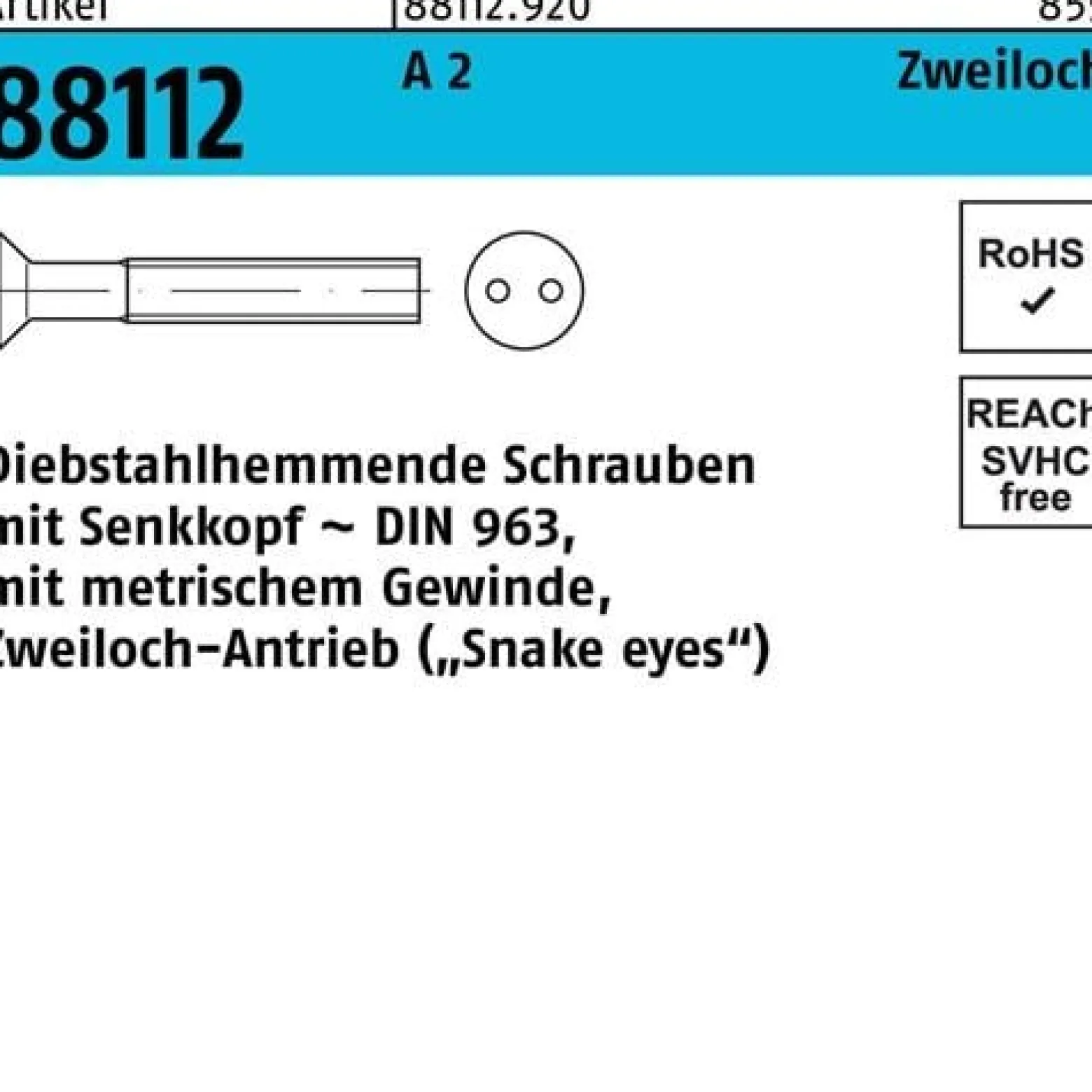 Schraube R 88112 diebstahlhemmend Seko/Zweiloch M6x 12 A 2 100 Stück