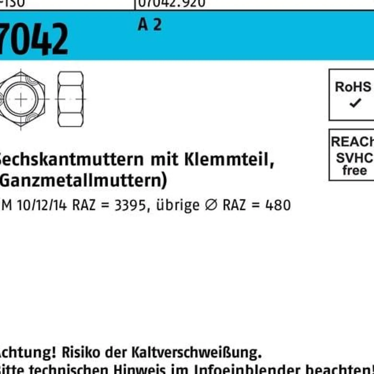 Sechskantmutter ISO 7042 Klemmteil M4 A 2 1000 Stück