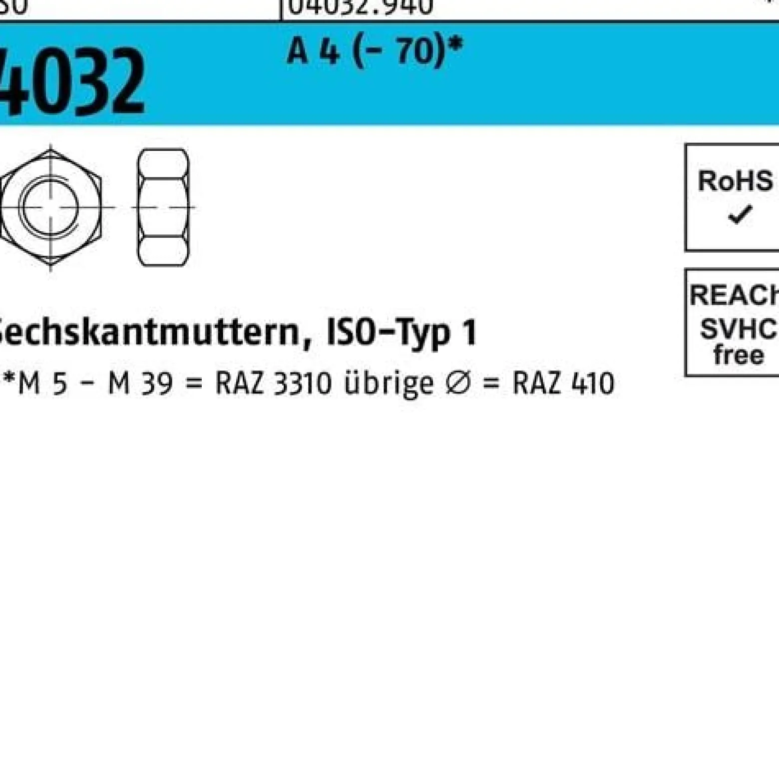 Sechskantmutter ISO 4032 M6 A 4 (- 70) 1000 Stück