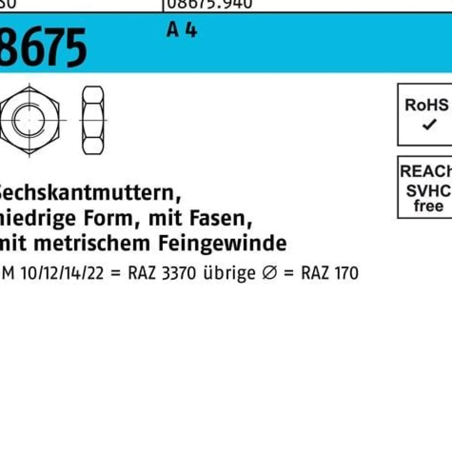 Sechskantmutter ISO 8675 m.Fasen M 33 x 2 A 4 10 Stück