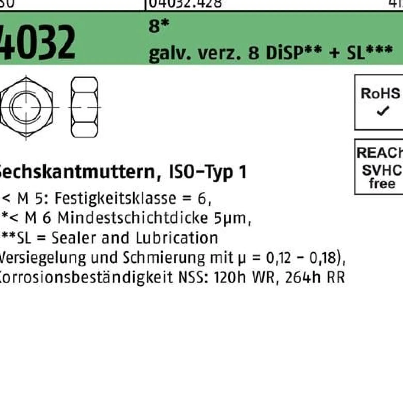 Sechskantmutter ISO 4032 M8 8 galv.verz. 8 DiSP + SL 1000 Stück