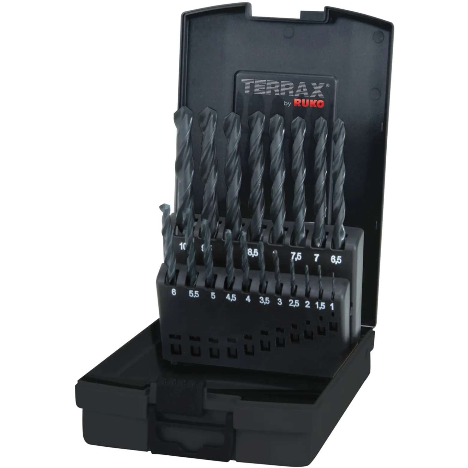 TERRAX by RUKO 5x Spiralbohrer-Satz DIN 338 Typ N, HSS-R - 19 tlg. (Kassette Kunststoff) - A205210RO