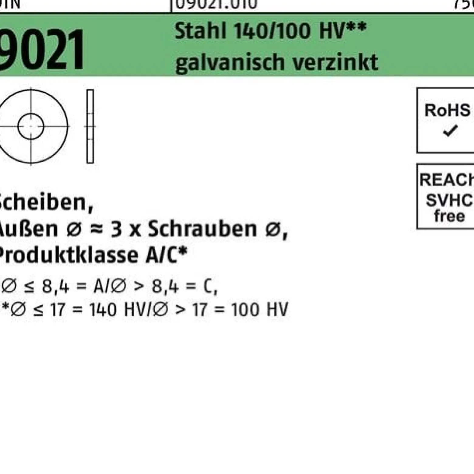 Unterlegscheibe DIN 9021 4,3x 12x1 Stahl 140/100 HV galv.verz. 5000 Stück