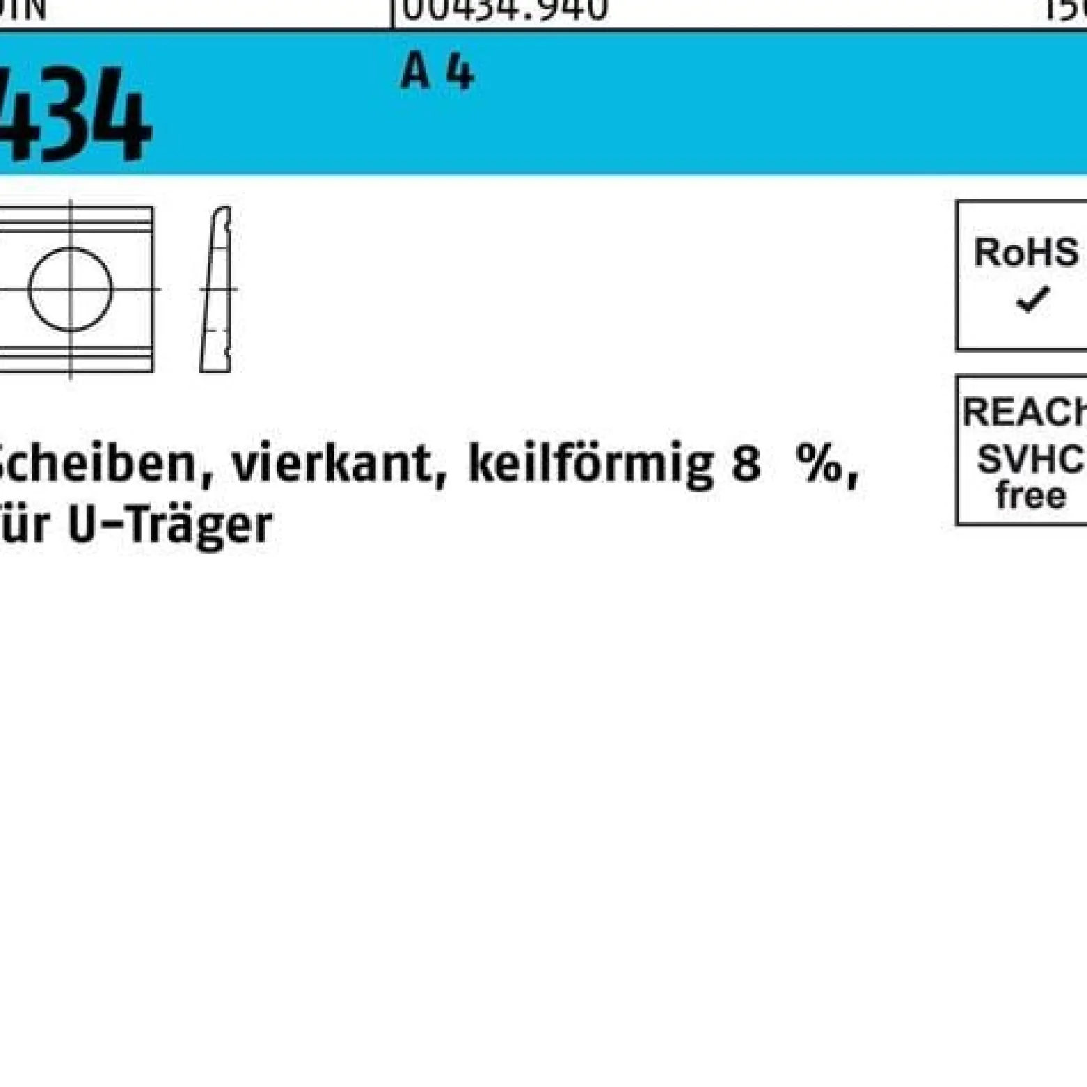 U-Scheibe DIN 434 vierkant keilförmig 13,5 A 4 Neigung 8% 50 Stück